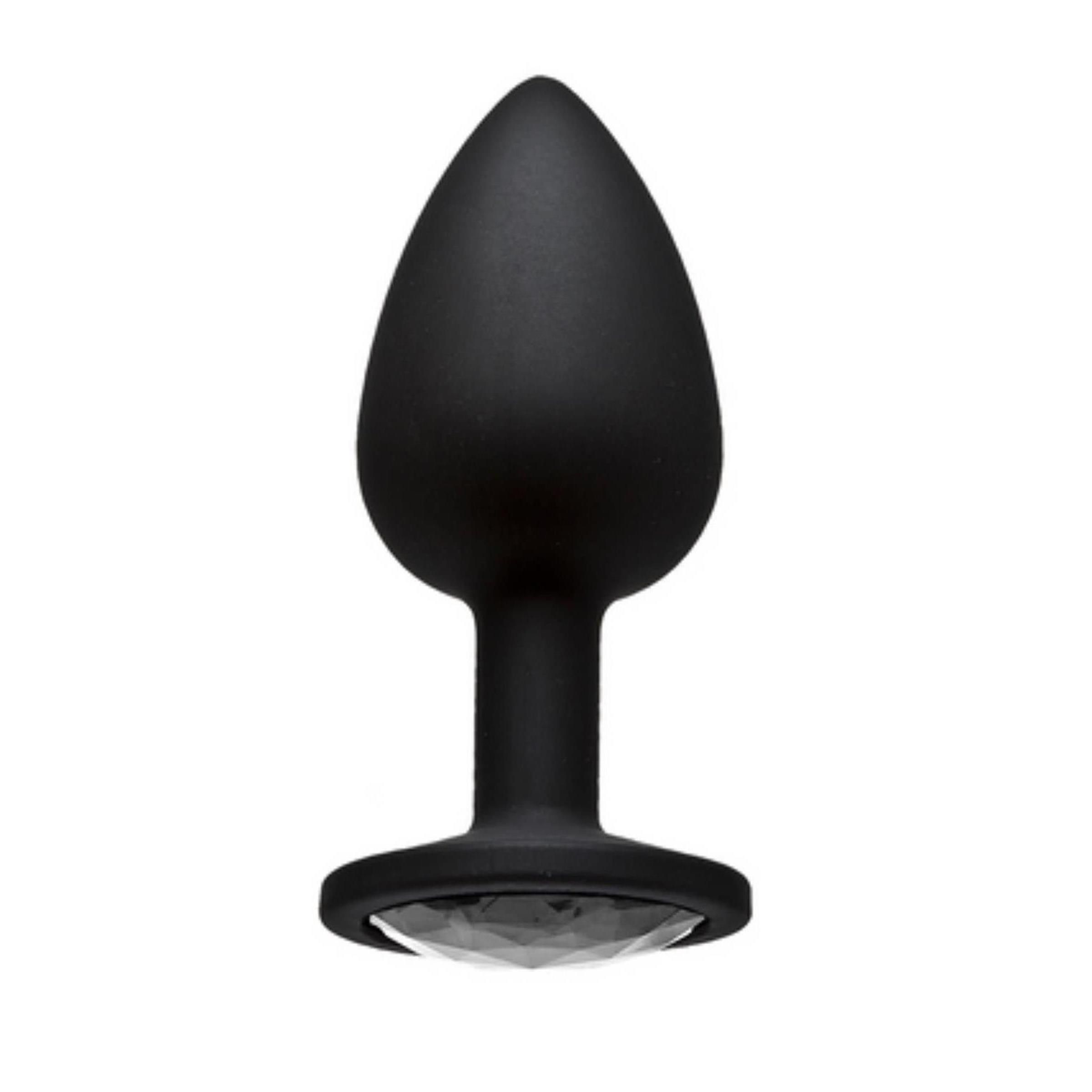 Schwarzer Butt Plug. Spatenförmiger Kopf, runder Sockel mit Kristallverzierung.