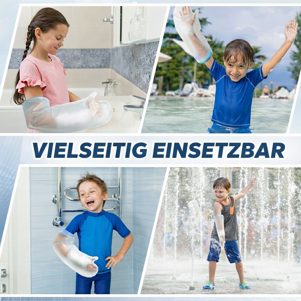 Kinder beim Duschen und Baden mit der wasserdichten Schutzhülle. Verschiedene Szenen: Waschbecken, Schwimmbad, Dusche, Wasserspielplatz.