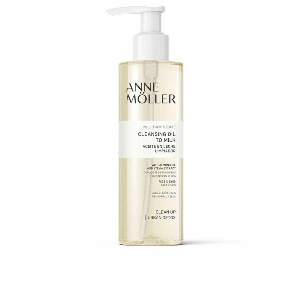Transparente Flasche mit Pumpe. Aufschrift: Anne Möller, Cleansing Oil To Milk. Für trockene Haut.