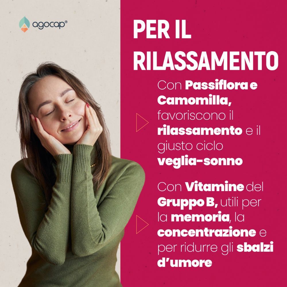 Donna con occhi chiusi. Testo: Passiflora e camomilla per il rilassamento. Vitamine B per memoria e umore.