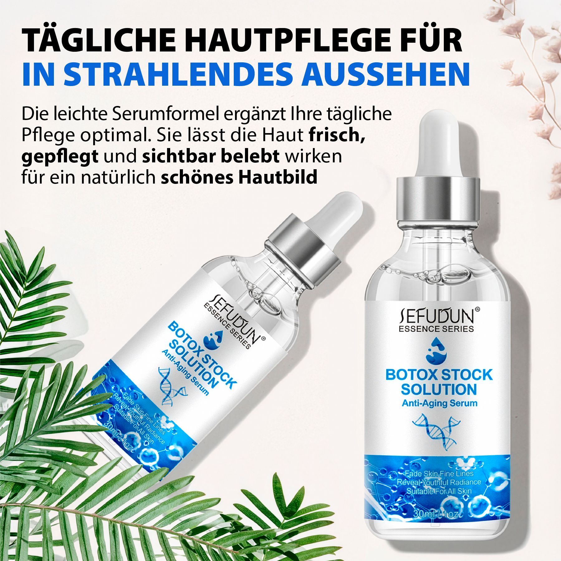 Zwei Glasflaschen mit Pipetten für "Botox Stock Solution Anti-Aging Serum".