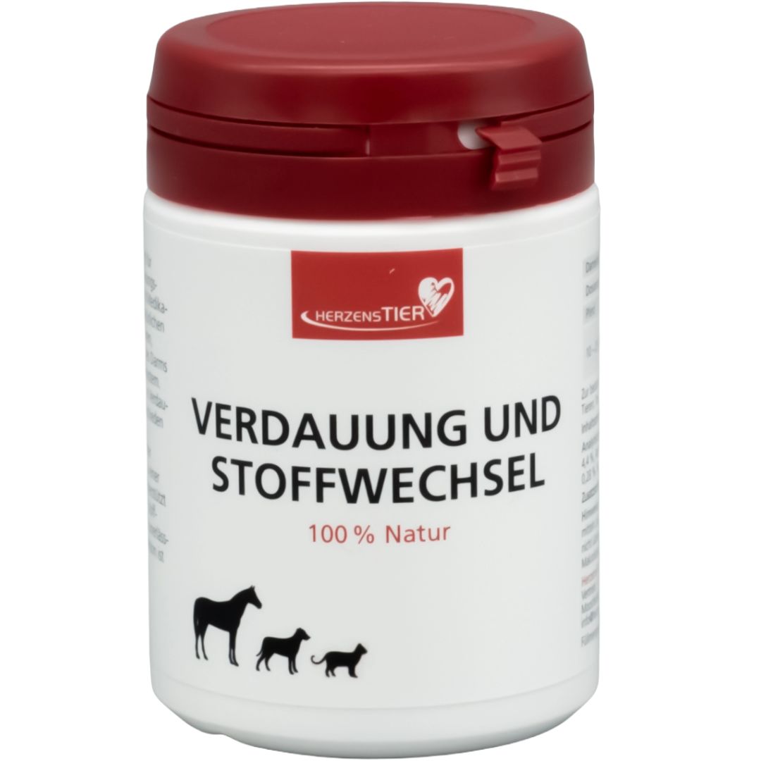 Weißes Behältnis mit rotem Deckel. Aufschrift: HerzensTier, Verdauung und Stoffwechsel. Abbildung von Pferd, Hund und Katze.