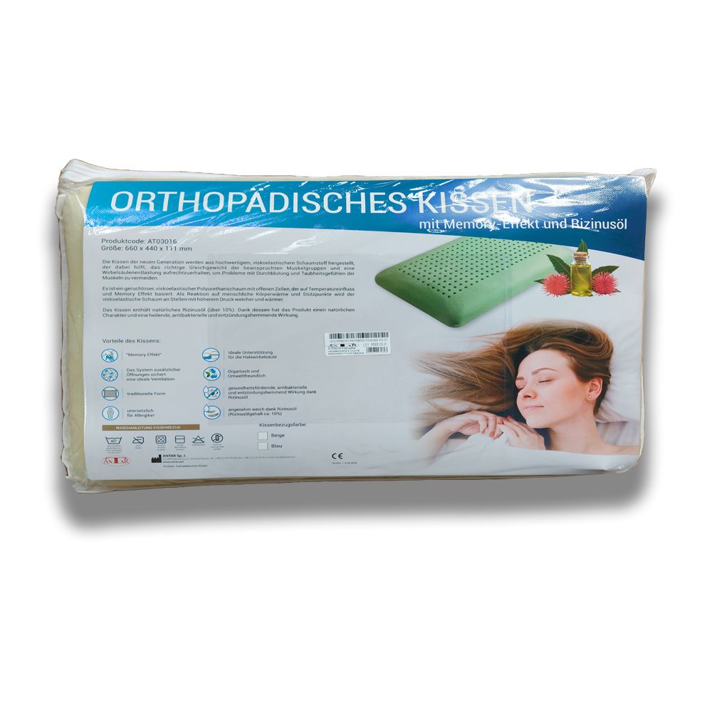 Orthopädisches Kissen in Verpackung. Text: Orthopädisches Kissen mit Rizinusöl. Abbildung einer Frau. Grünliches Kissen mit Löchern.