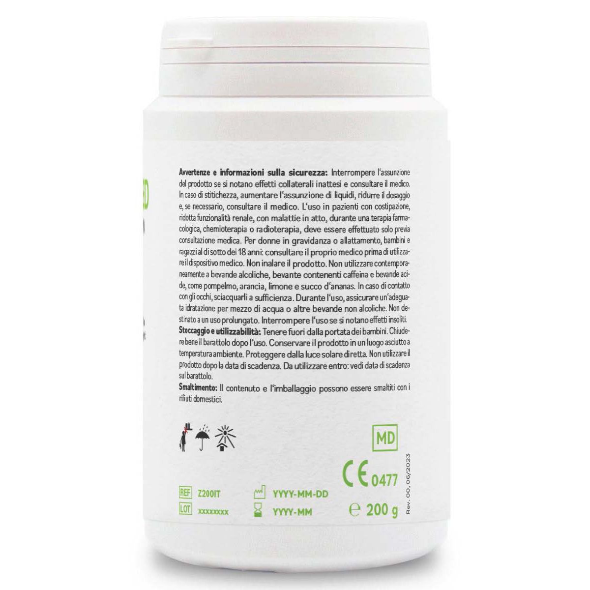 Retro del barattolo bianco "ZeolithMED". Testo in italiano. Informazioni su uso, dosaggio, effetti collaterali e avvertenze. Prodotto naturale per il fegato e l'eliminazione dei metalli pesanti.