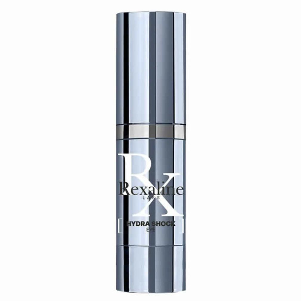 Zylindrische Flasche mit silberner Kappe. Aufschrift: Rexaline Labs, Hydra Shock Eye.