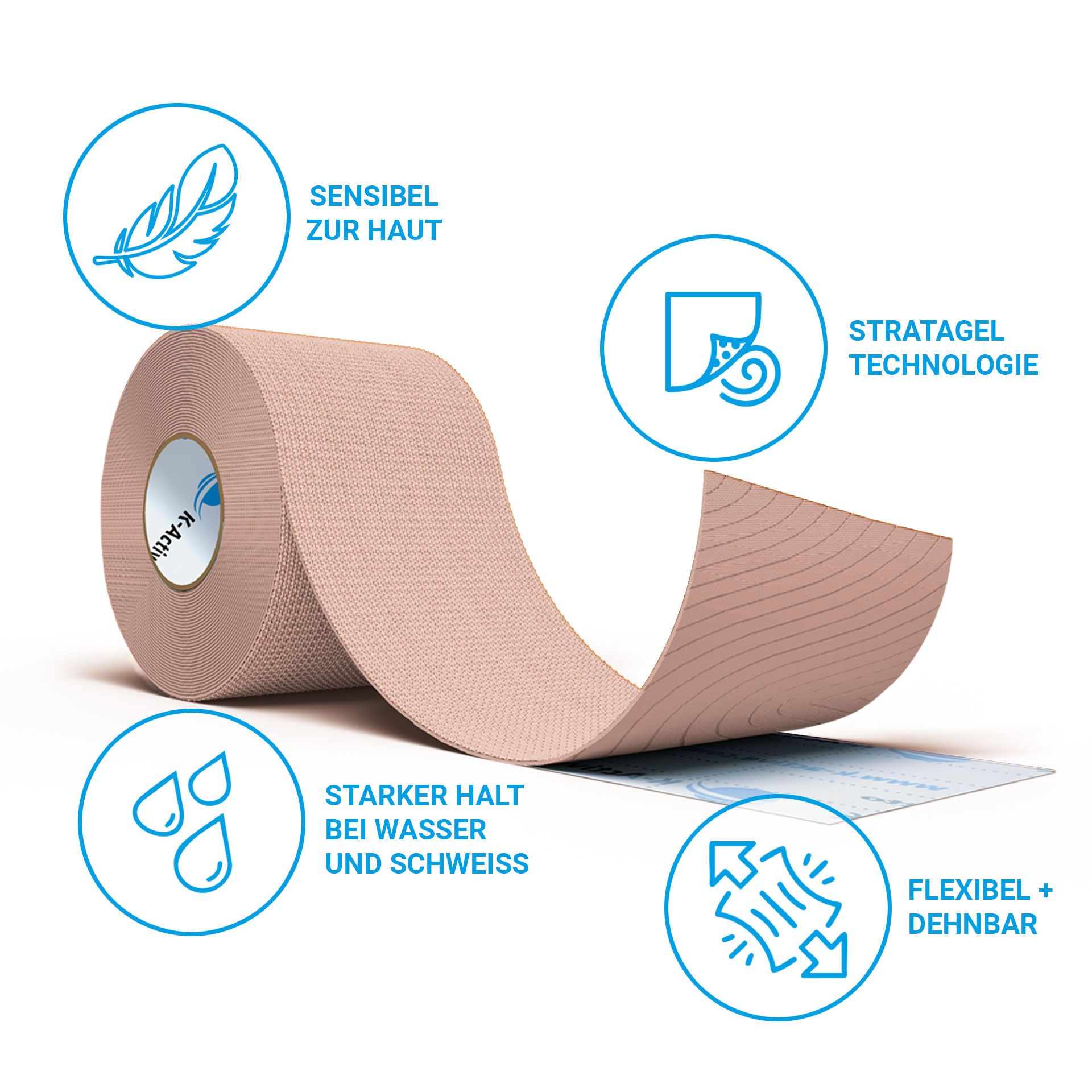 Rolle K-Active Tape Gentle. Beige. Text: Sensibel zur Haut, Starker Halt bei Wasser und Schweiss, Flexibel + Dehnbar, Stratagel Technologie.