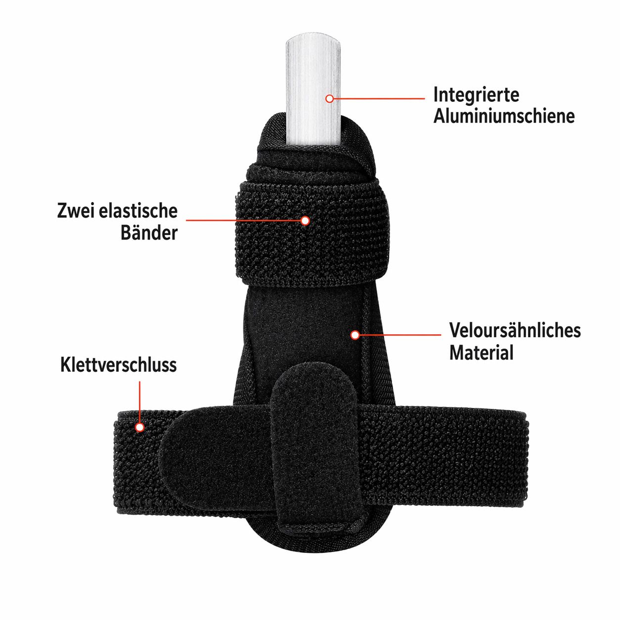 Schwarze Fingerbandage mit Klettverschluss, zwei elastischen Bändern und integrierter Aluschiene. Veloursähnliches Material.