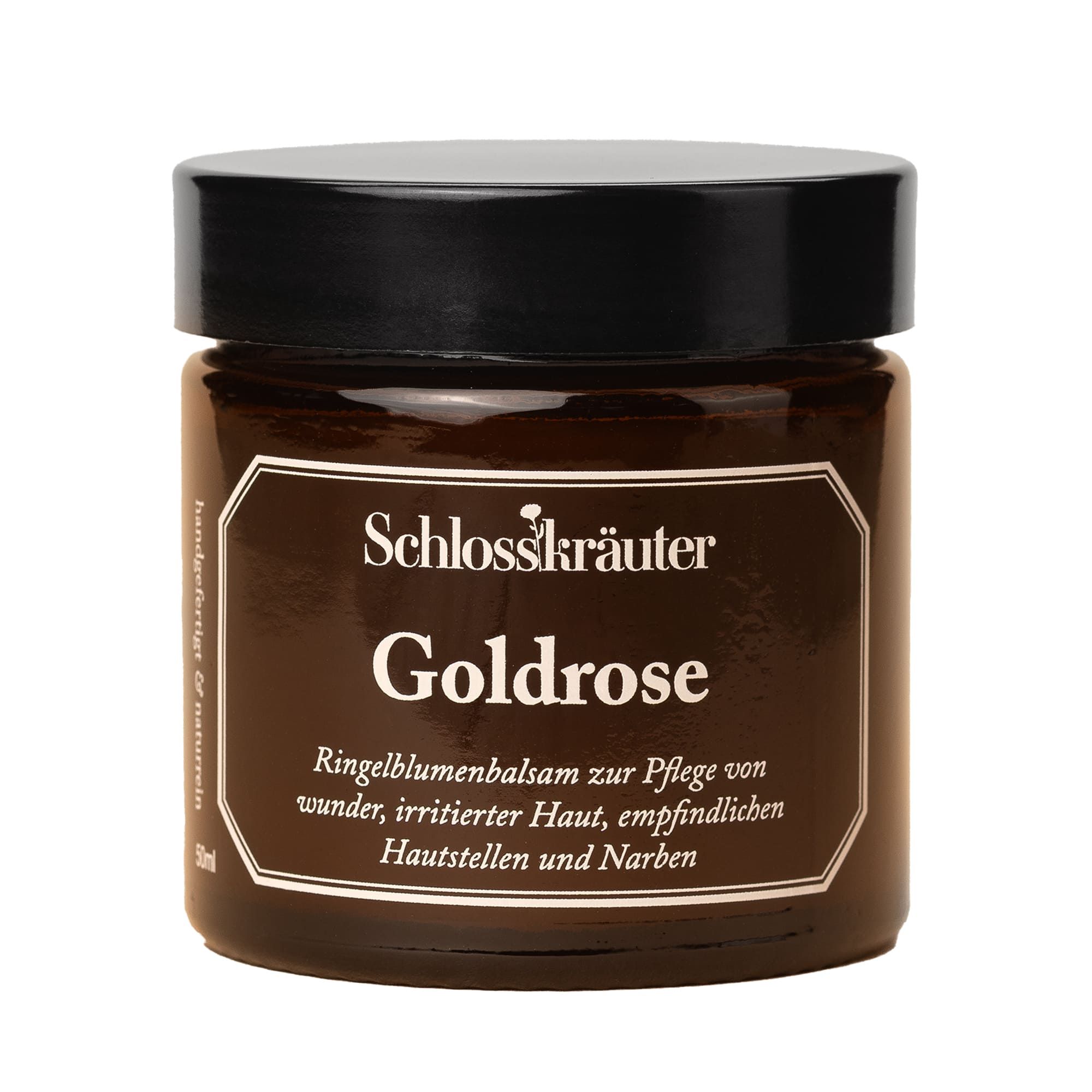 Braunes Glas mit schwarzem Deckel. Auf dem Etikett steht "Schlosskräuter Goldrose". Text: Ringelblumenbalsam für wunder, irritierte Haut.