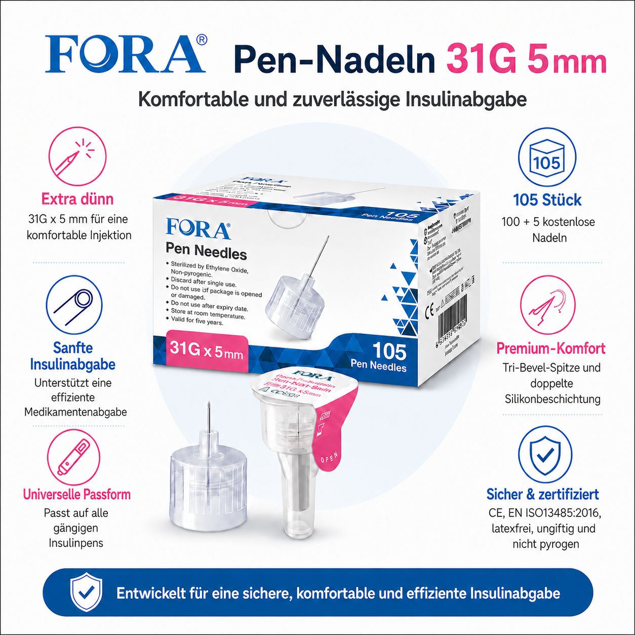 FORA Pen-Nadeln 31G 5mm: dünn, sanft, universell passend. 105 Stück. Sicher & zertifiziert.