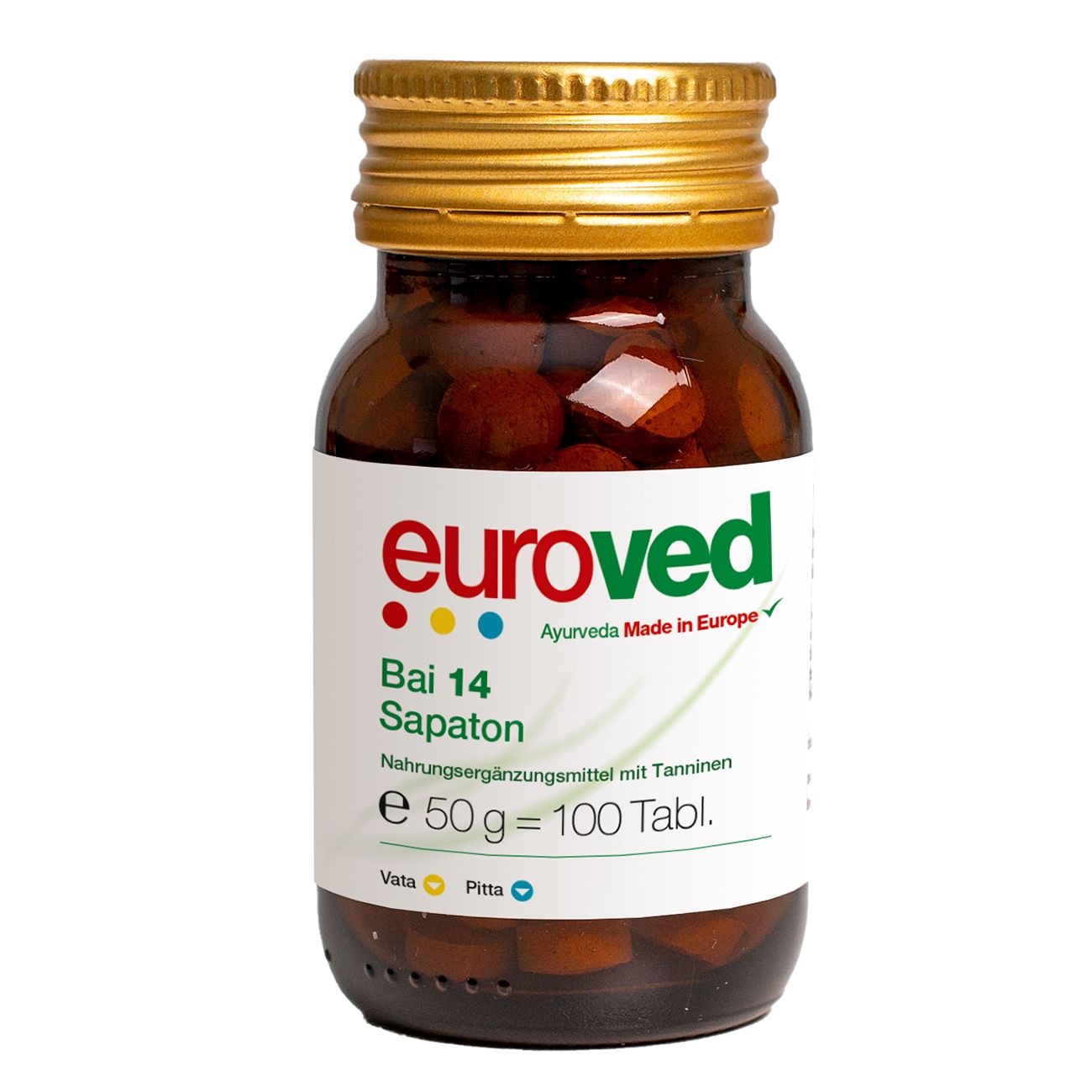 Braune Glasflasche mit goldenem Deckel. Etikett mit "euroved Bai 14 Sapaton".