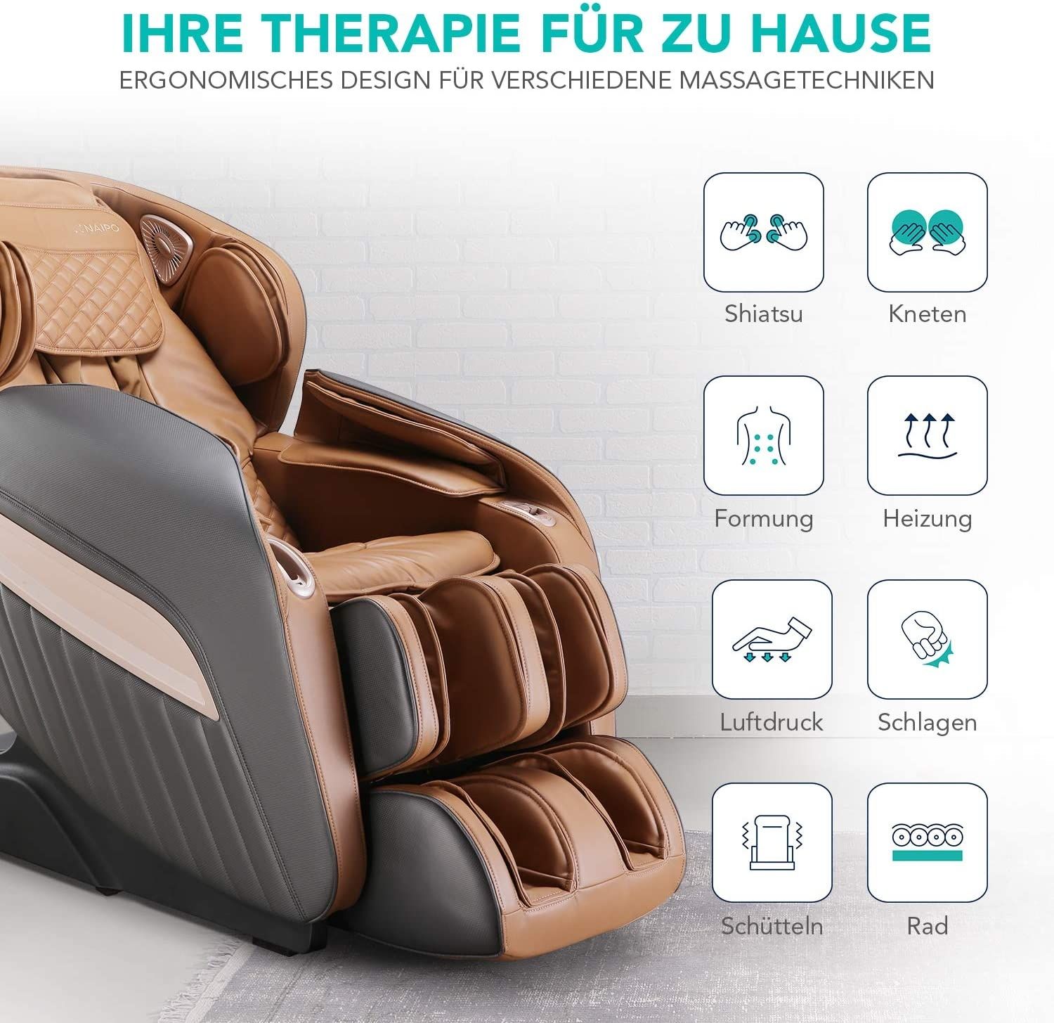NAIPO Massagesessel Shiatsu Zero-Gravity Massagestuhl Wärmetherapie 3D Surround-Sound USB Braun