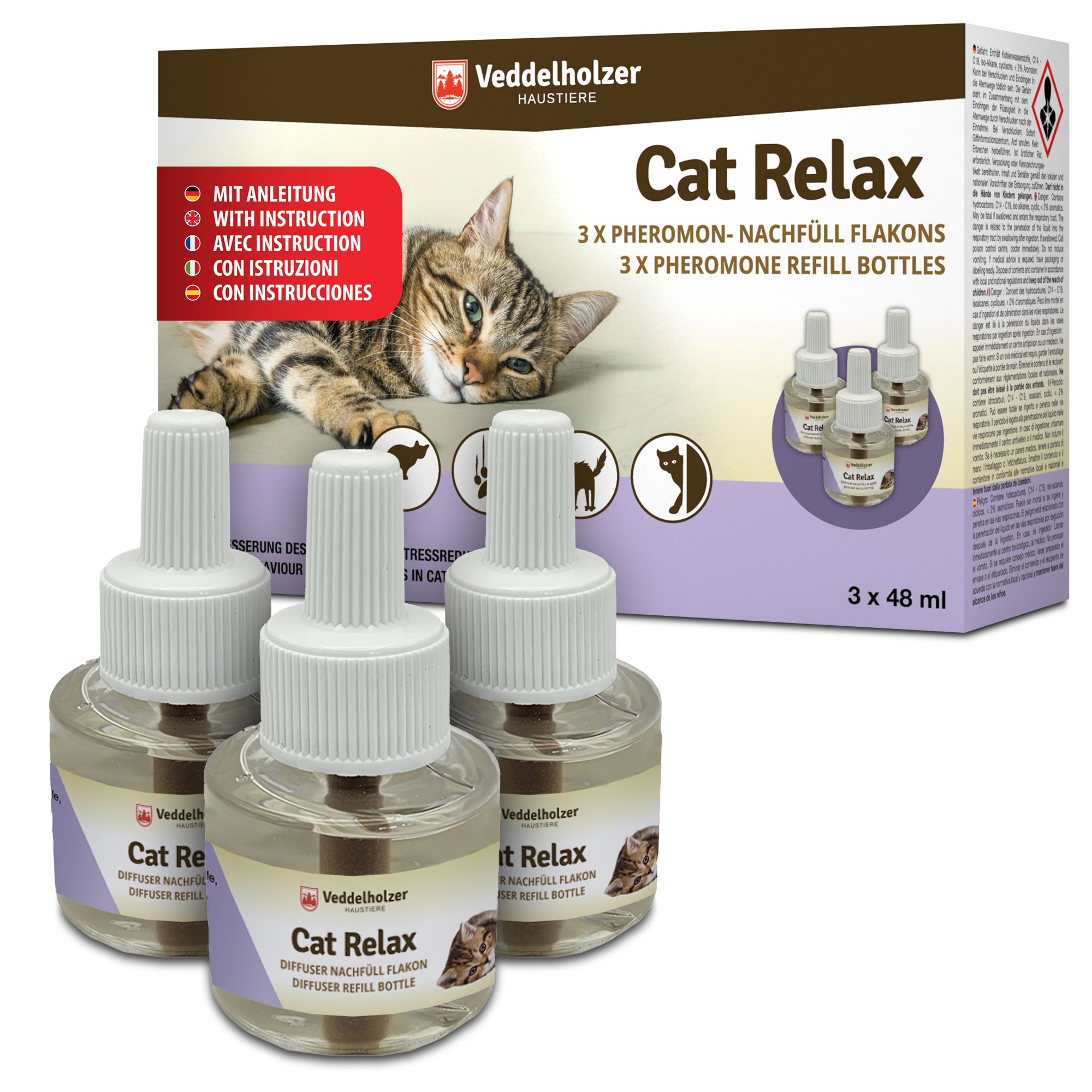 Drei Nachfüllflakons für Katzenpheromone mit Verpackung. Aufschrift: Cat Relax, Veddelholzer.