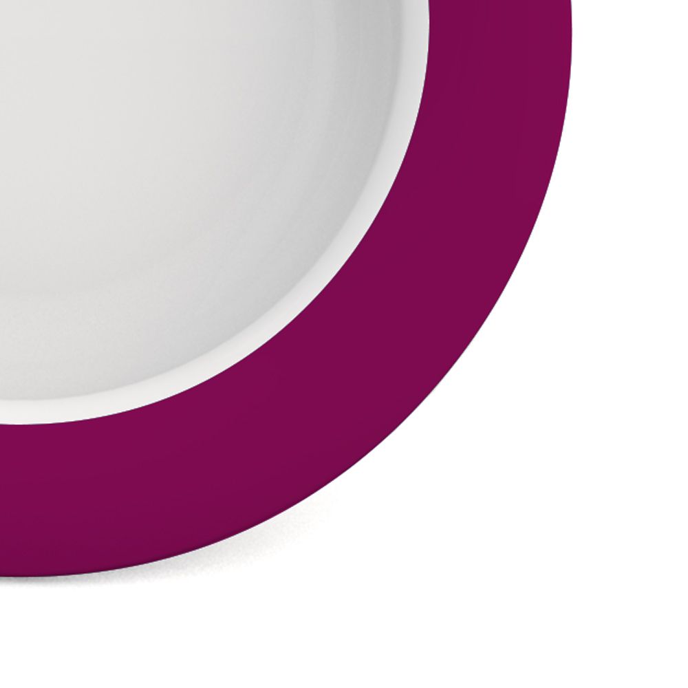 Ausschnitt einer runden Schale mit magenta-farbenem Rand und weißem Innenraum.