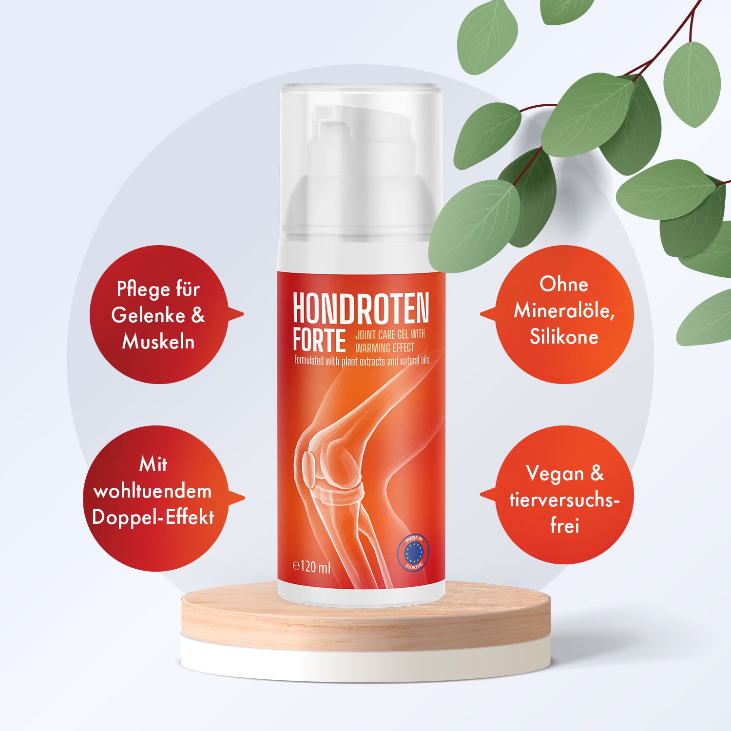 Hondroten Forte Gel-Flasche auf Podest. Rote Flasche mit Produktnamen. Text: Pflege für Gelenke & Muskeln, ohne Mineralöle, Silikone, vegan.