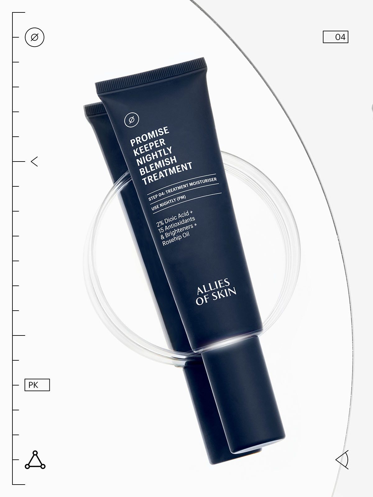 Zwei blaue Tuben mit weißer Schrift. Produktname: Promise Keeper Nightly Blemish Treatment. Enthält 2% Dioic Acid, Antioxidantien und Rosenhip Oil.