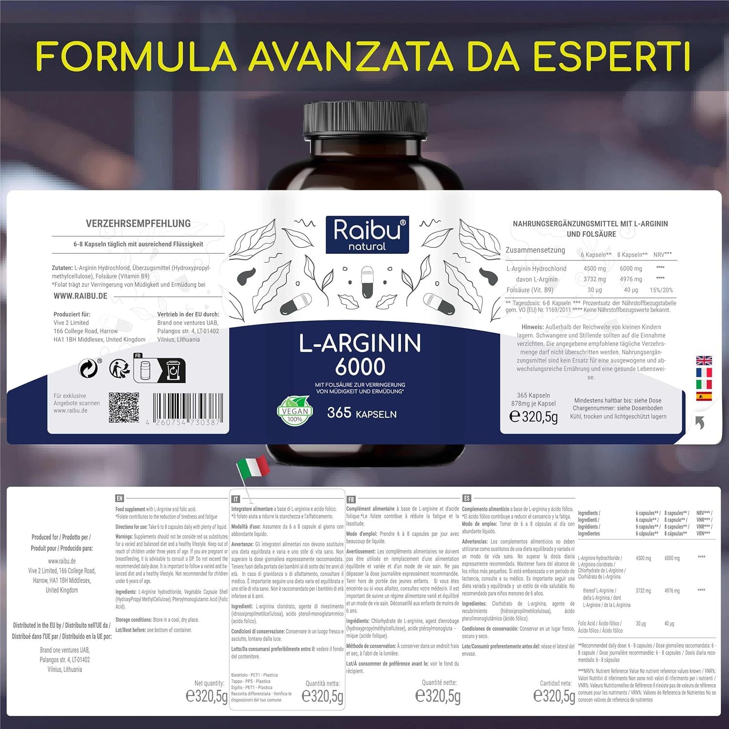 Etichetta con informazioni. Raibu natural, L-Arginina 6000, 365 capsule. Consigli per l'uso, informazioni nutrizionali, ingredienti.