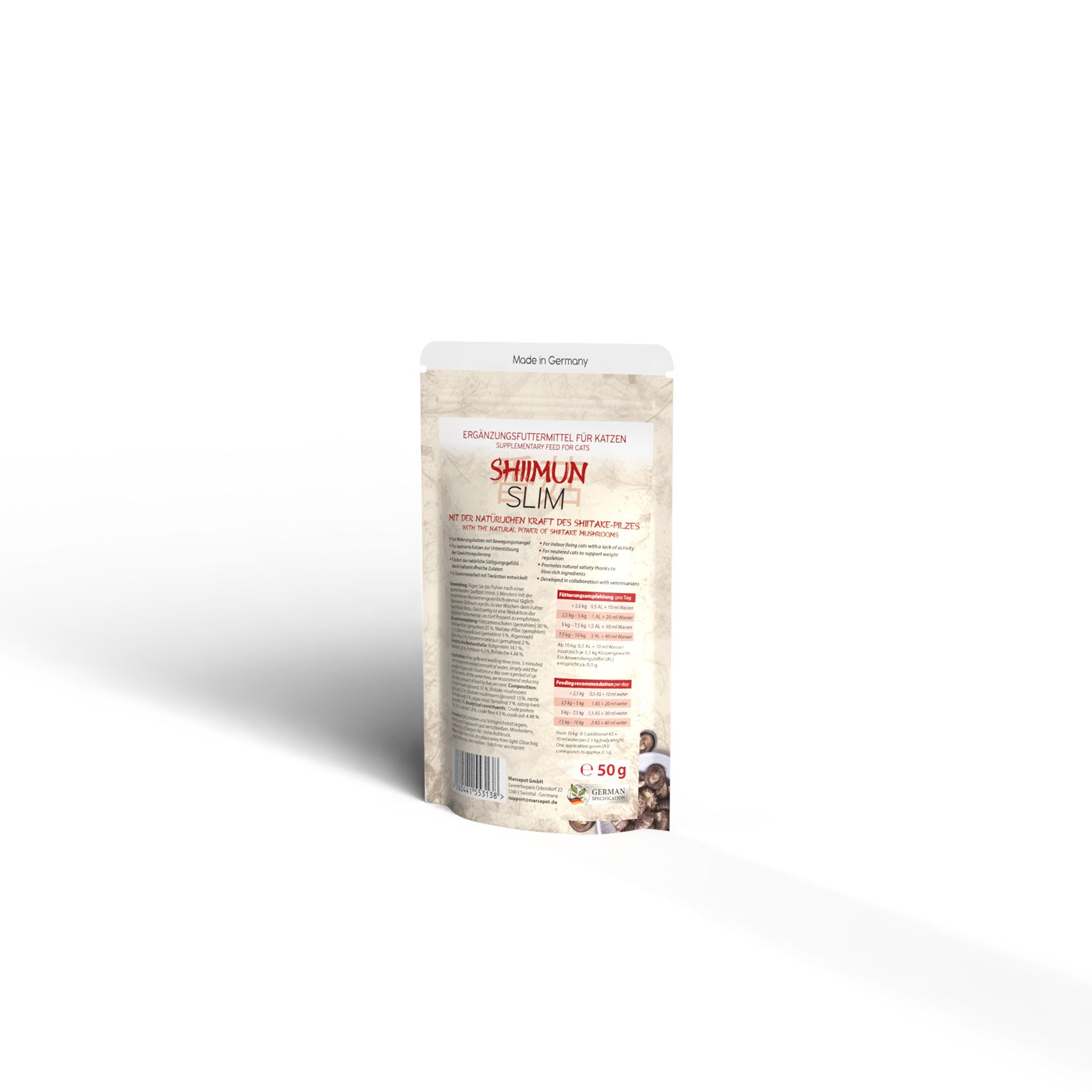 Rückseite eines Shiimun Slim Beutels. Text und Informationen zur Ergänzungsfutter für Katzen. Logo und Schriftzug Shiimun Slim.