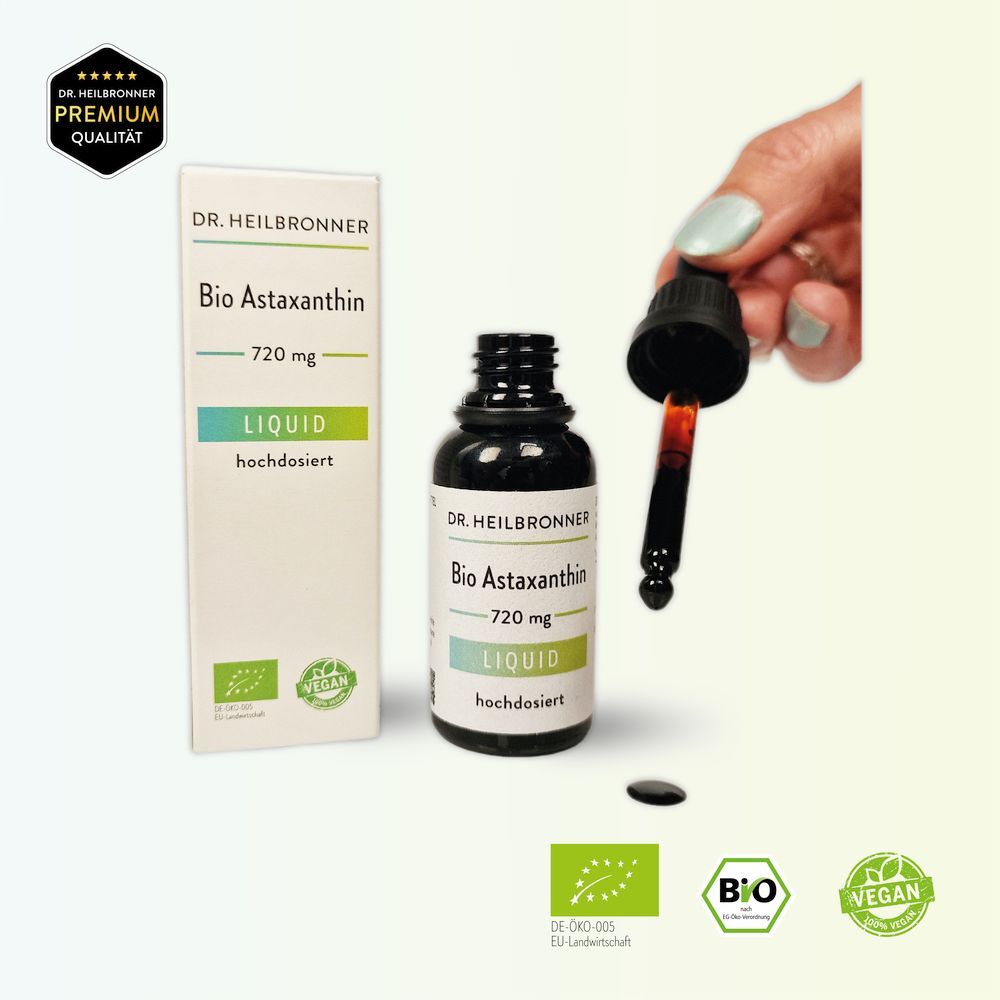 Produktflasche und Verpackung. Flasche mit Pipette, Tropfen auf Oberfläche. Zertifizierungen und Produktinformationen.