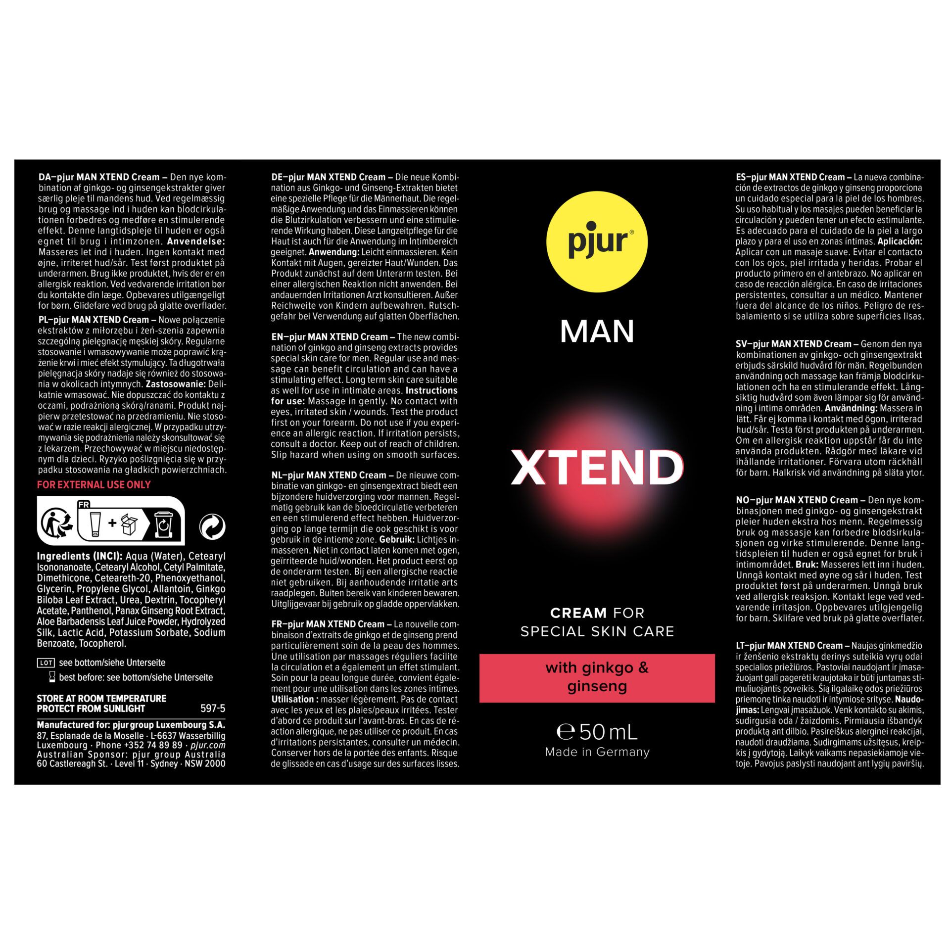 Rückseite der pjur MAN Xtend Cream Verpackung mit Produktinformationen.