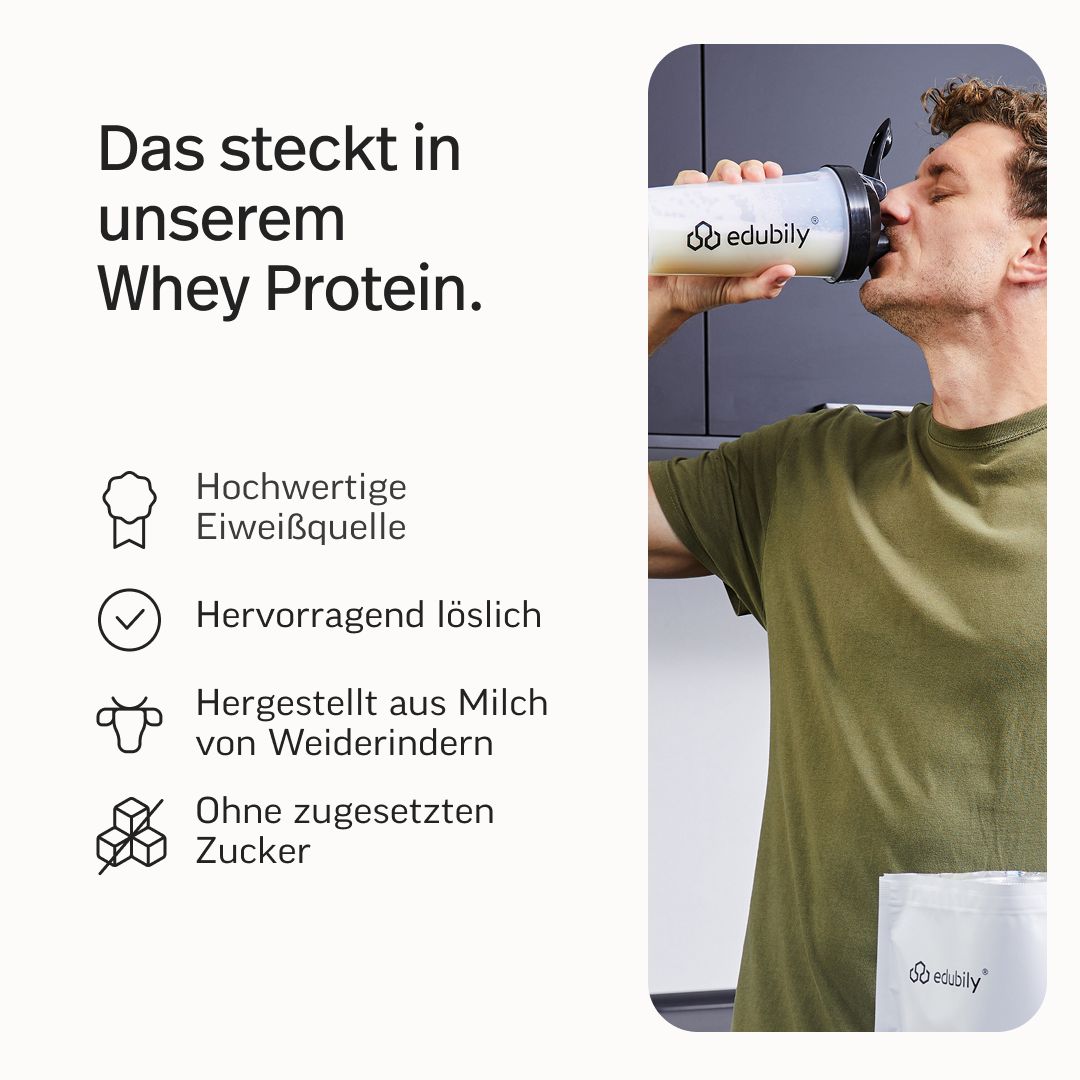 Mann trinkt Edubily Whey Protein Shake. Hochwertige Eiweißquelle, hervorragend löslich, aus Milch von Weiderindern, ohne Zuckerzusatz.