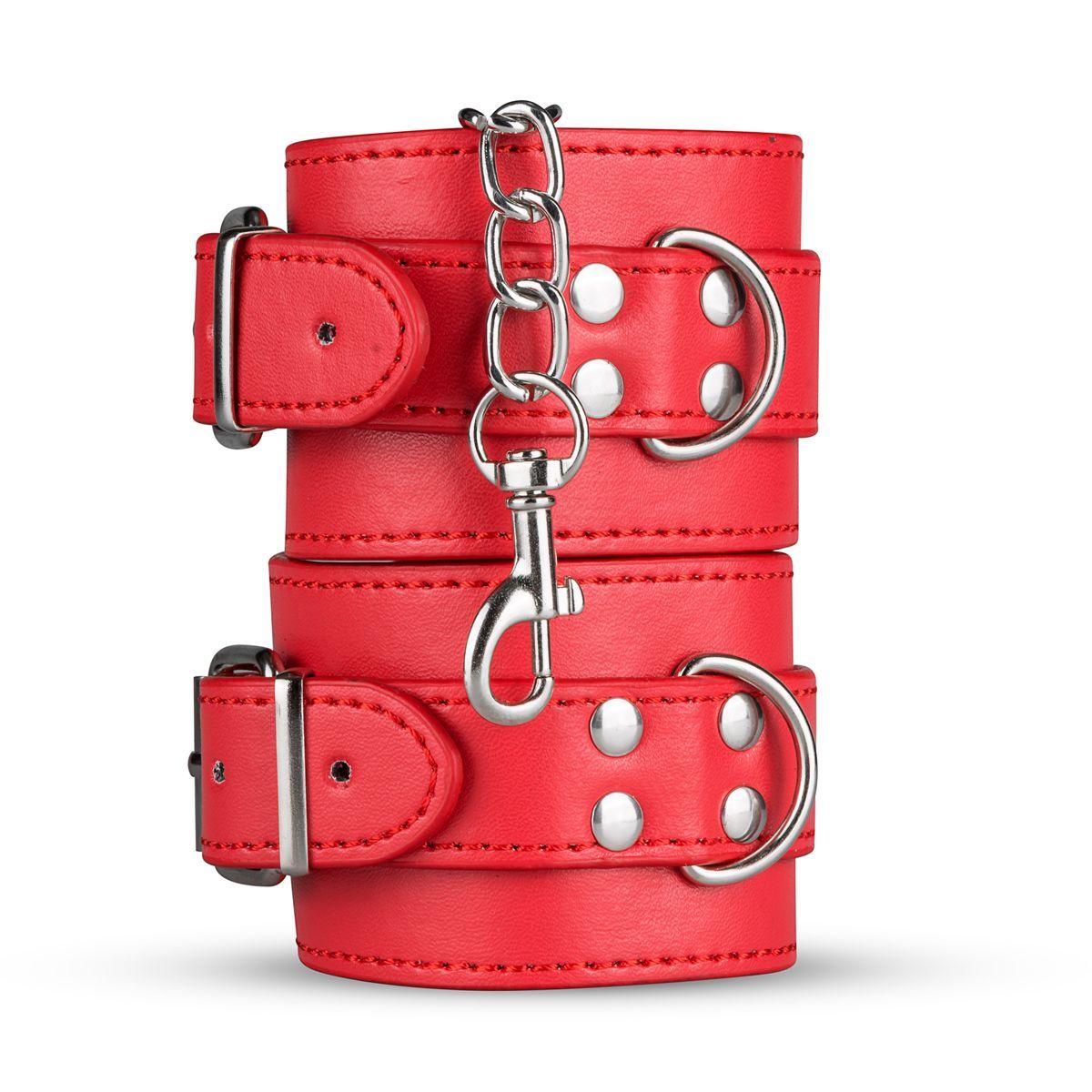 Rote Fesseln mit Metallringen und Kette. Zwei Paare, mit Schnallen. Metallkette mit Karabiner.