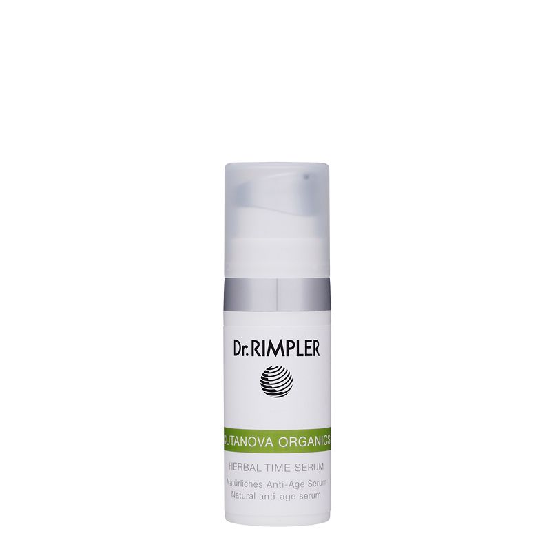 Serumflasche. Aufschrift: Dr. Rimpler, Cutanova Organics, Herbal Time Serum.