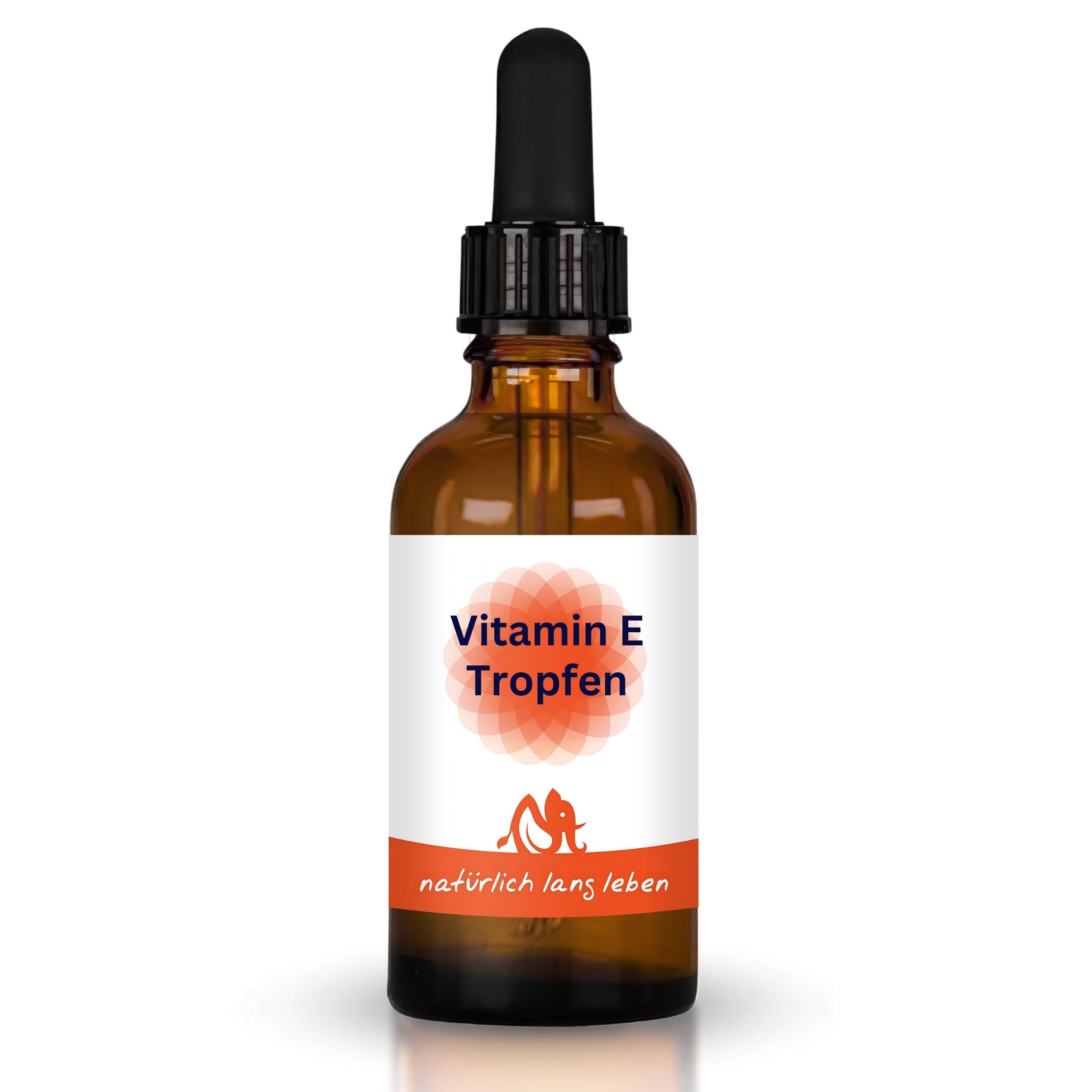 Braune Glasflasche mit Tropfer. Etikett mit "Vitamin E Tropfen" und Logo. "natürlich lang leben" Schriftzug.