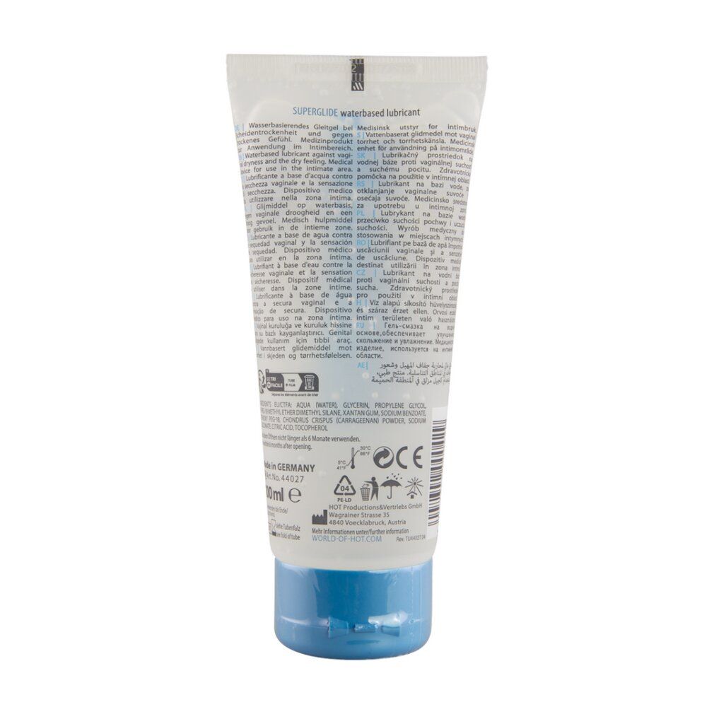 Rückseite einer SUPERGLIDE Tube mit Anwendungshinweisen und Inhaltsstoffen.