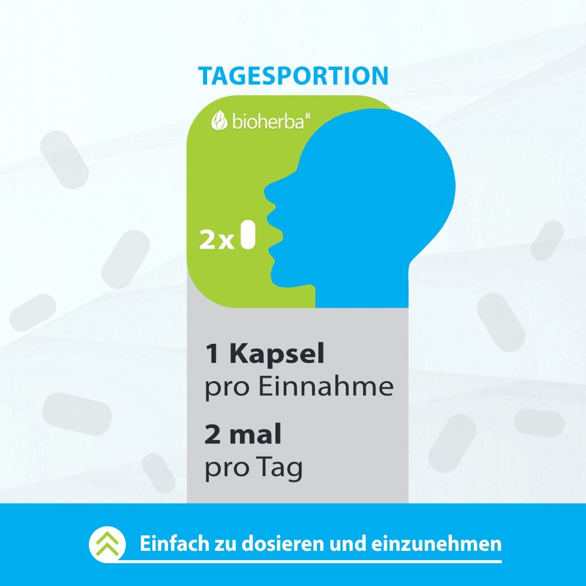 Grafik zur Dosierung von Bioherba Weissdorn Kapseln. 1 Kapsel pro Einnahme, 2 mal täglich. Text: Einfach zu dosieren und einzunehmen.
