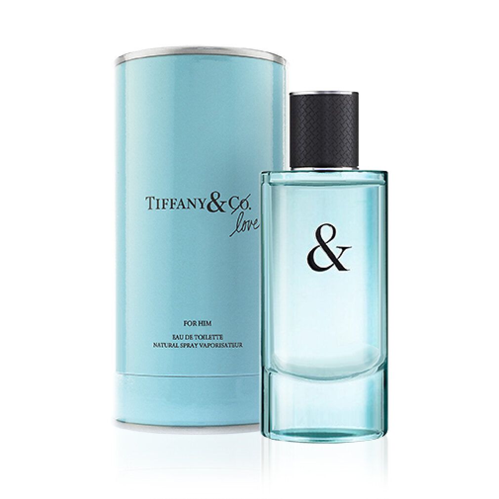Hellblauer Zylinder mit Produktname und Text. Flakon mit schwarzem Deckel und & Zeichen. Eau de Toilette.