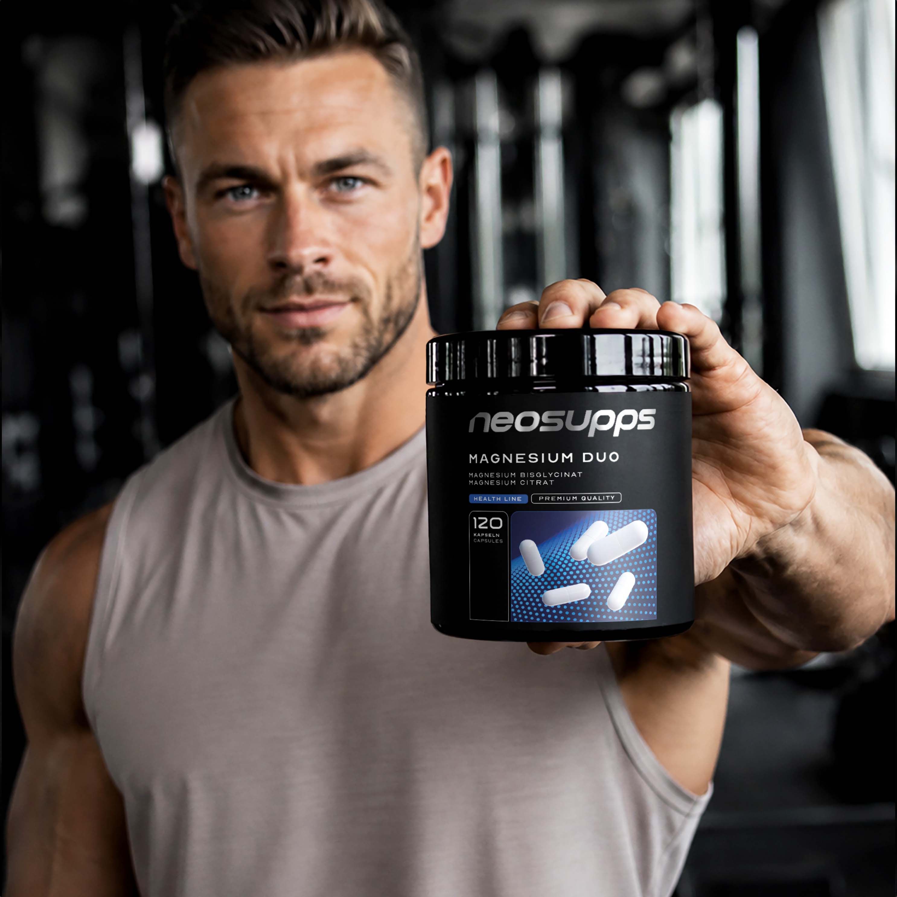 Mann hält Neosupps Magnesium Duo Dose mit 360 Kapseln, vegan.