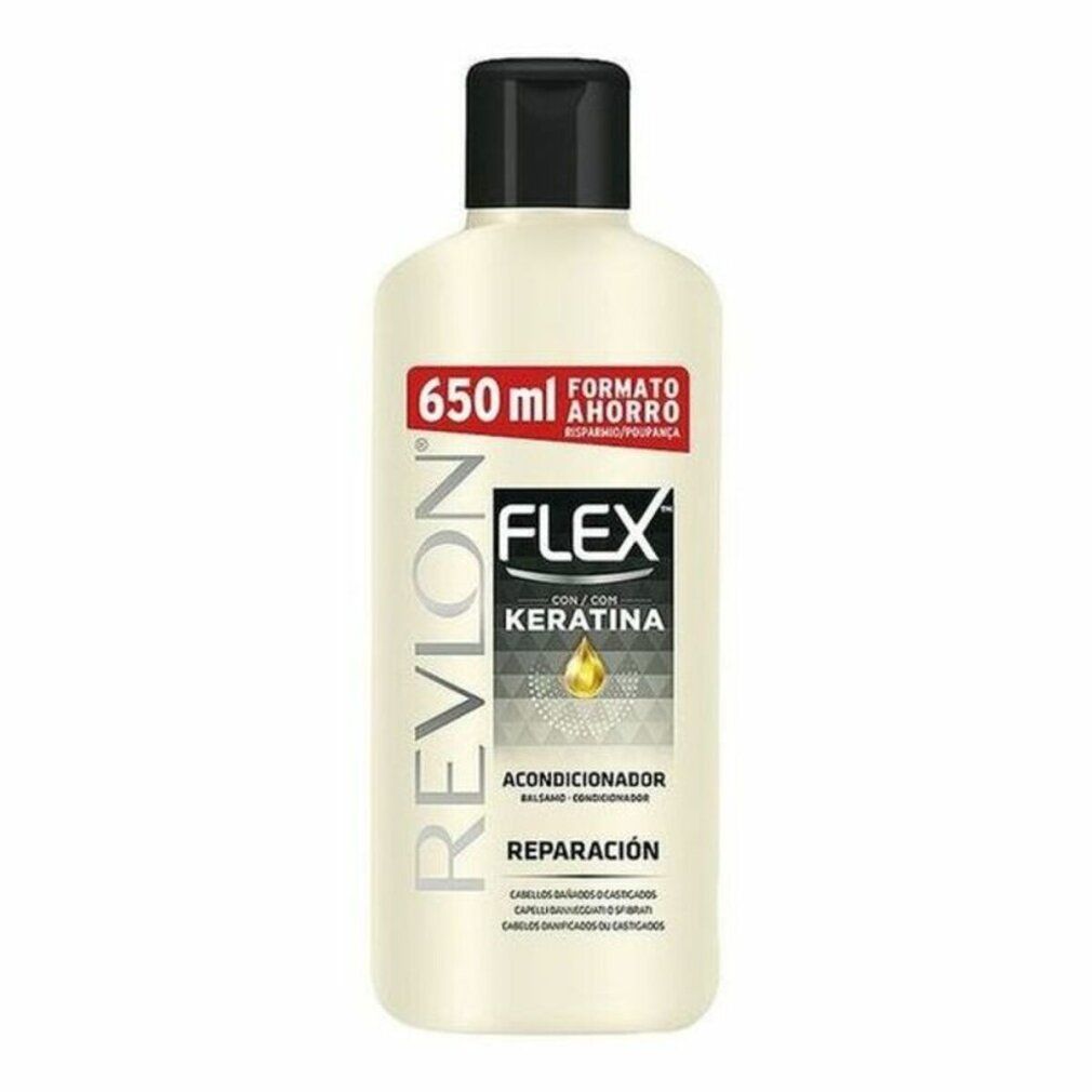 Beige Flasche mit schwarzem Deckel. Aufschrift: Revlon Flex mit Keratin, Acondicionador Reparación. 650 ml.