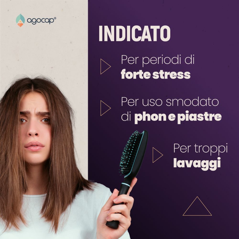 Donna con capelli danneggiati, sguardo preoccupato. Testo: "Per stress, phon e piastre, lavaggi troppo frequenti".
