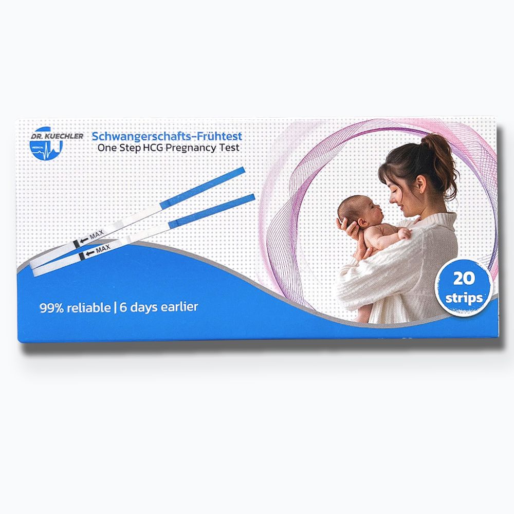 Packung mit 20 Schwangerschaftstests. Zeigt zwei Teststäbchen und eine Frau mit Baby.