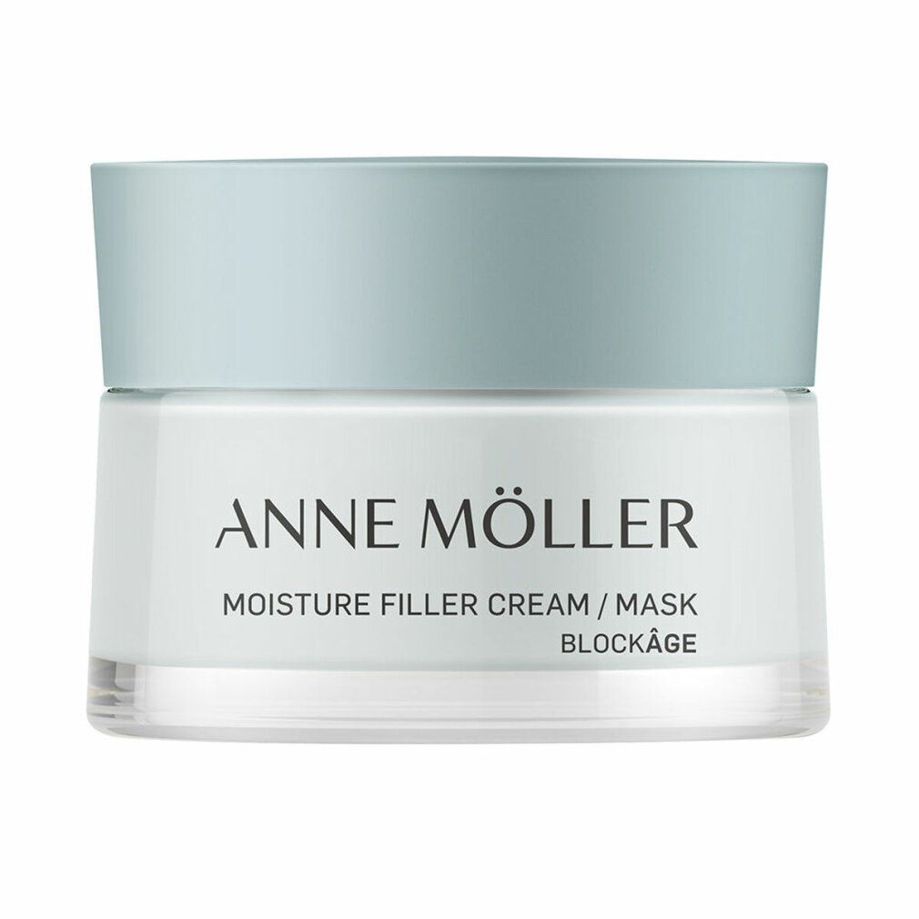 Creme-Glas mit hellblauem Deckel. Aufschrift: ANNE MÖLLER, MOISTURE FILLER CREAM / MASK, BLOCKÂGE.