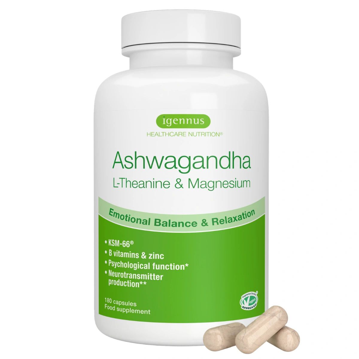 Weiße Flasche mit Kapseln. Text: Igennus, Ashwagandha, L-Theanin & Magnesium. 120 Kapseln. Nahrungsergänzungsmittel.