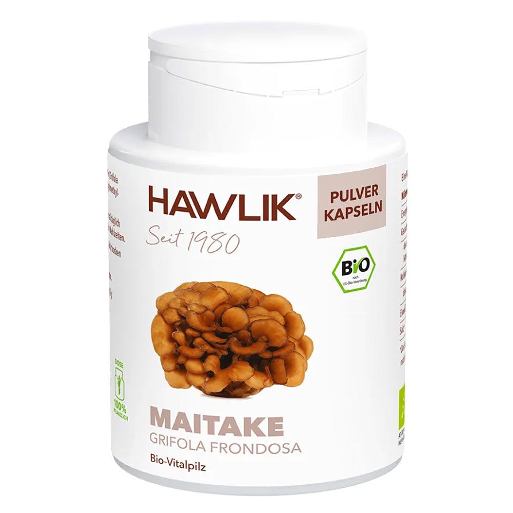 Weiße Flasche mit braunem Pilz-Bild. Aufschrift: HAWLIK, Maitake, Pulver Kapseln, Bio-Siegel.