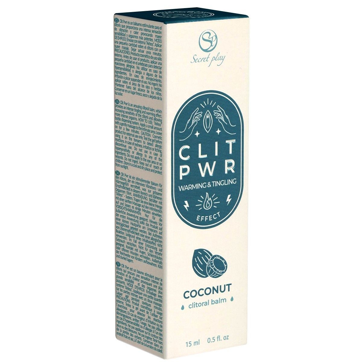 Kartonverpackung mit Produktnamen CLIT PWR. Enthält Kokosnuss- und clitoraler Balsam-Informationen. 15 ml, 0,5 fl. oz.