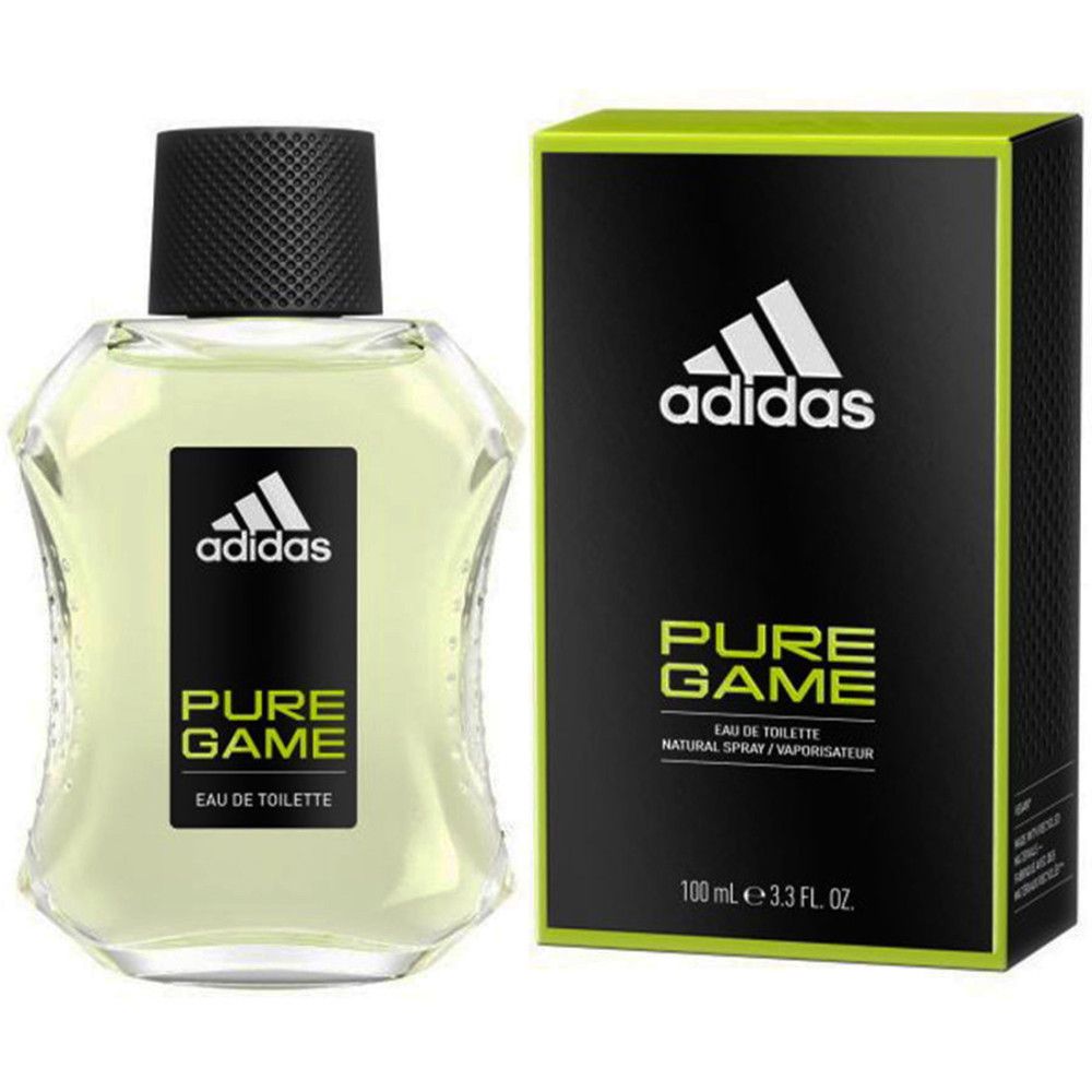 Flakon und Verpackung. Adidas Pure Game Eau de Toilette. Schwarzer Deckel, transparente Flasche, schwarze Verpackung mit Logo und Produktnamen.