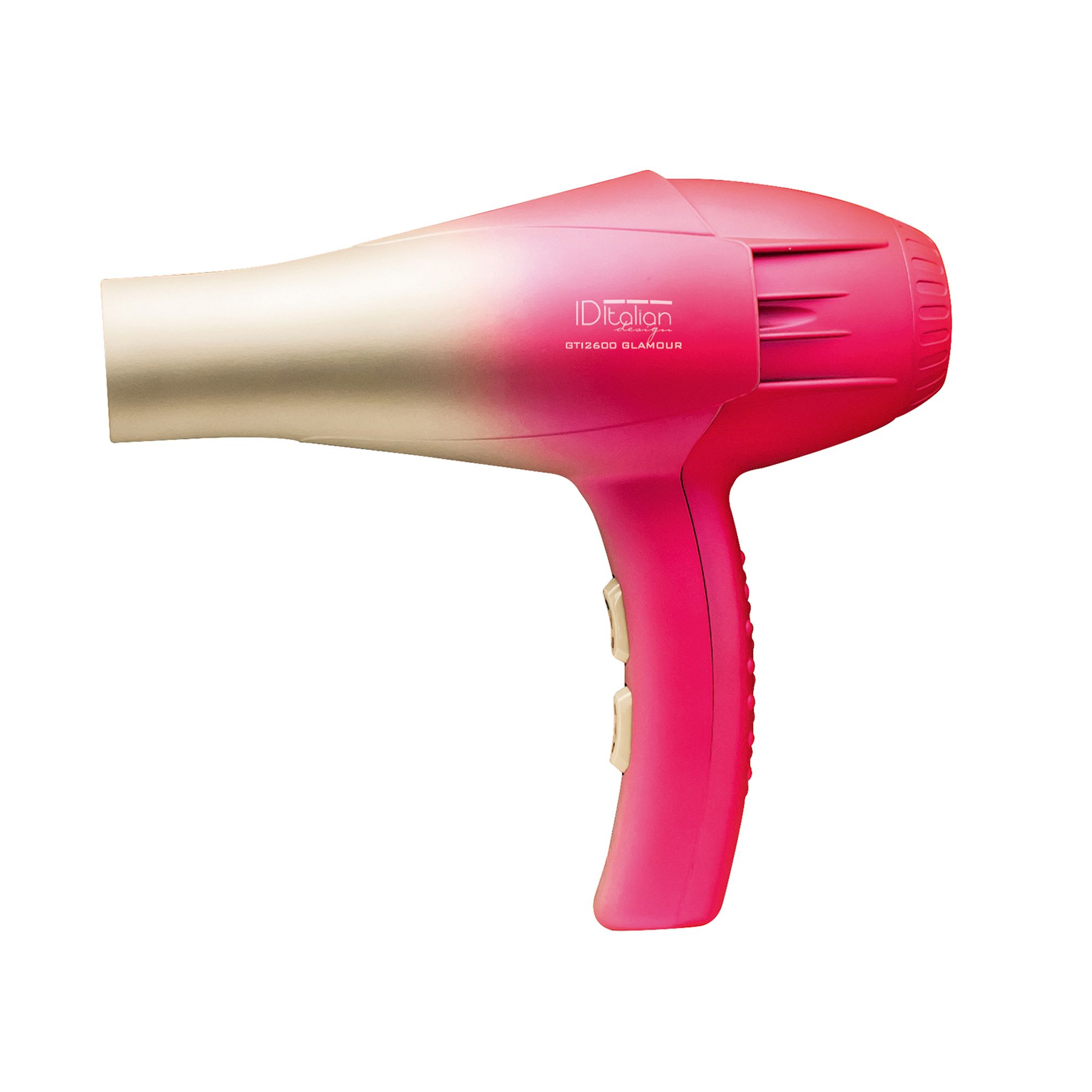 Pinker und cremefarbener Haartrockner mit silbernem Akzent und Bedienelementen.
