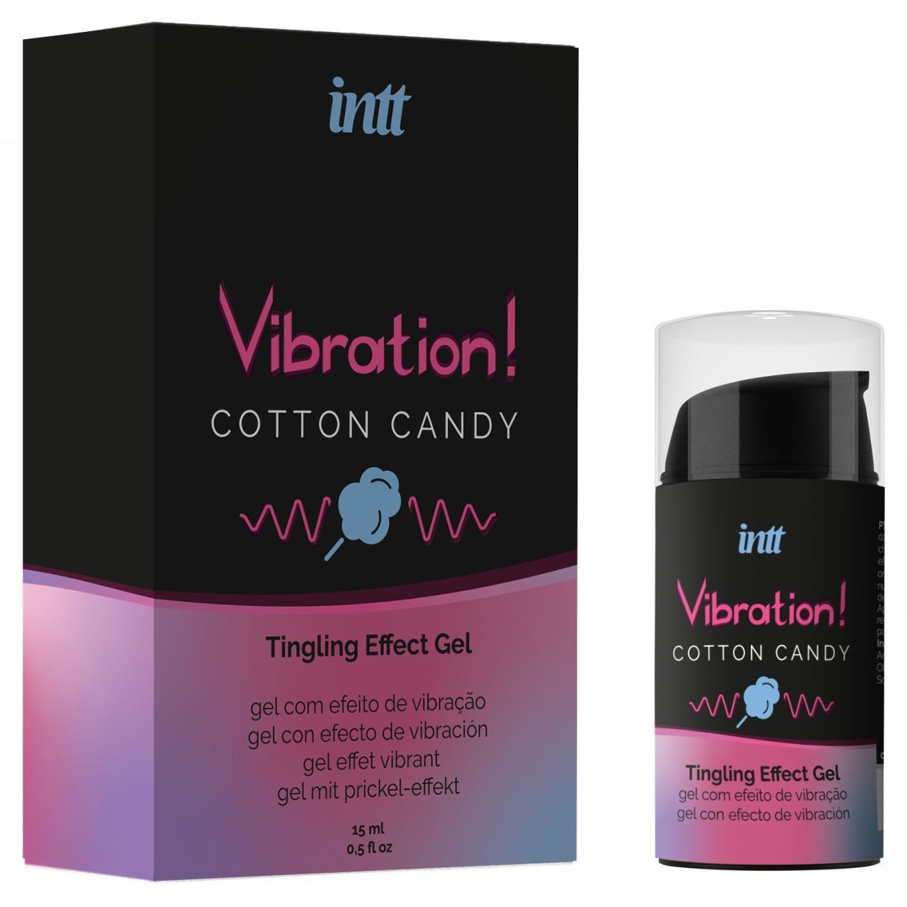 Schwarze Produktverpackung und Flasche. Aufschrift: Vibration! Cotton Candy Tingling Effect Gel. Marke: INTT. 15 ml.