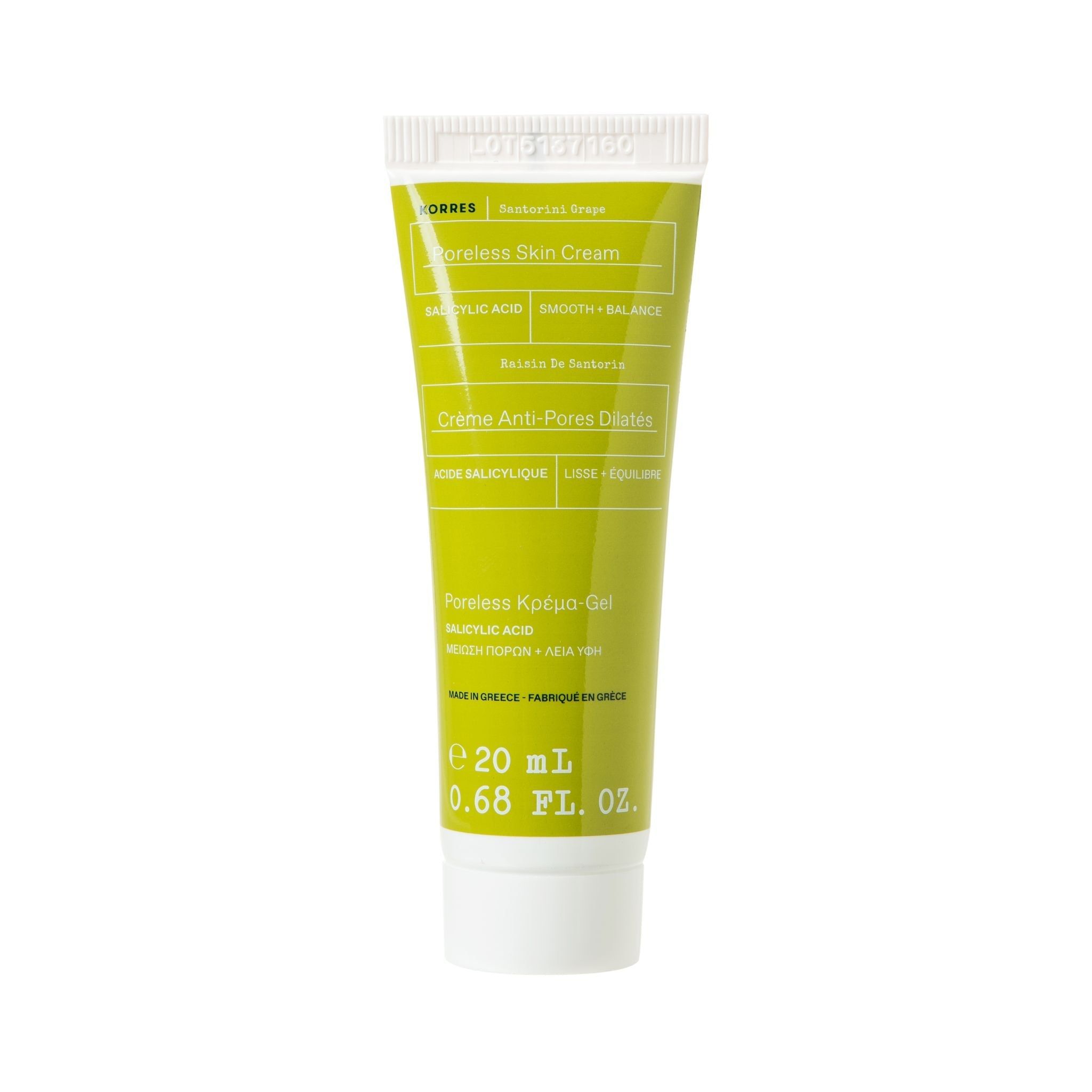 Grüne Tube mit weißer Schrift. Enthält "Porenverfeinernde Creme". Marke KORRES sichtbar. Volumen: 20 ml.