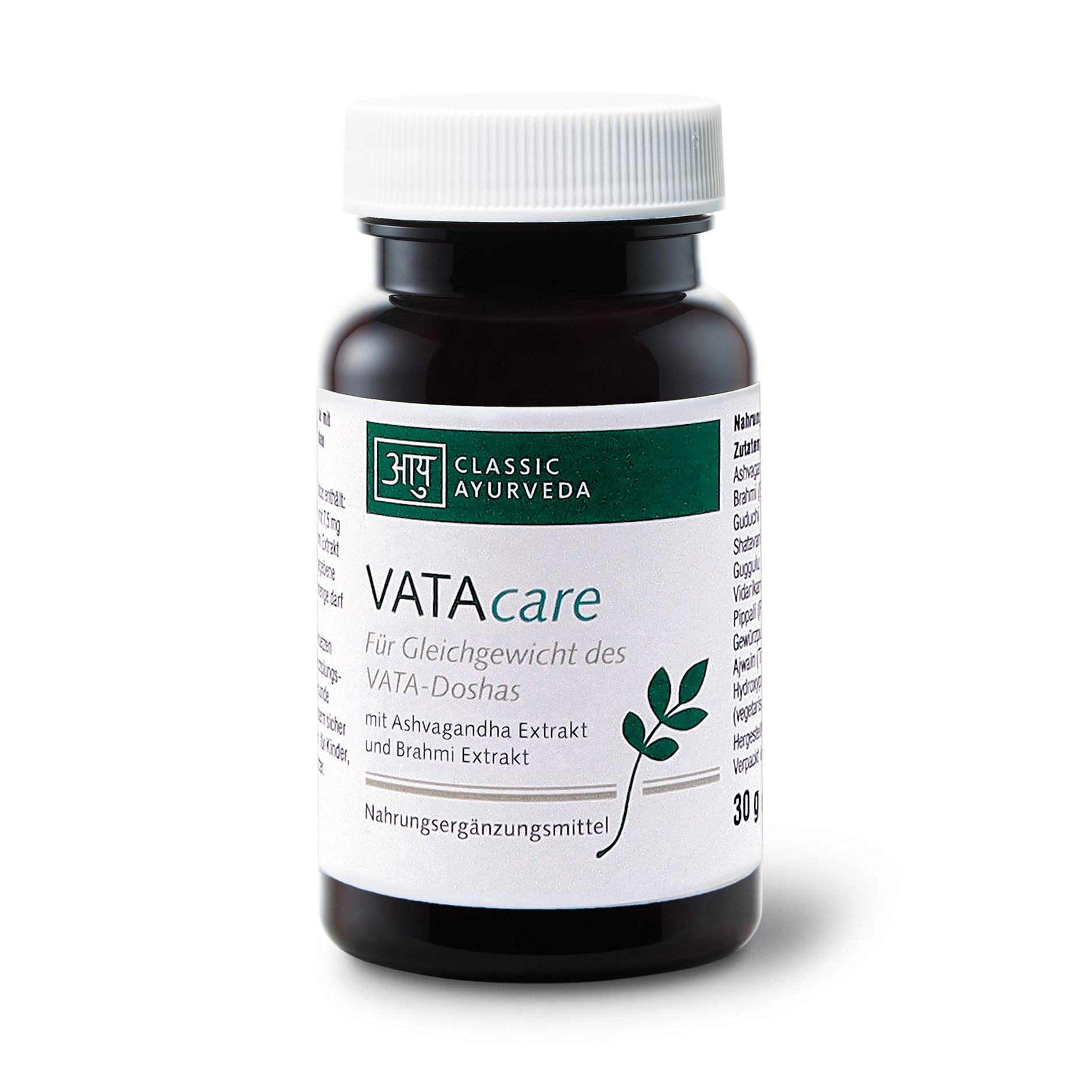 Braune Flasche mit weißem Deckel. Aufschrift: Classic Ayurveda VATAcare. Nahrungsergänzungsmittel.