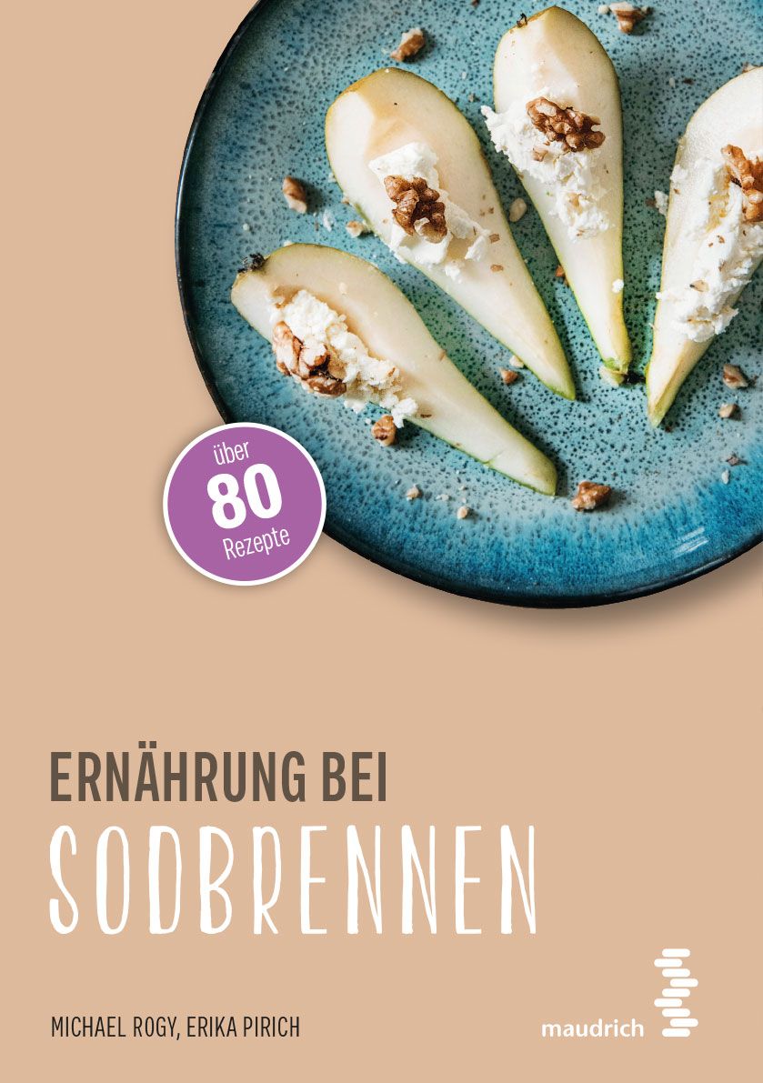 Buchcover: Ernährung bei Sodbrennen. Auf blauem Teller Birnen mit Käse und Walnüssen. Über 80 Rezepte.