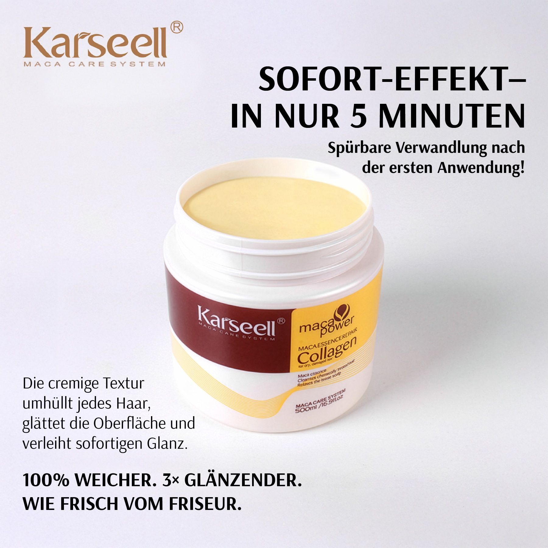 Weißes Tiegel mit gelbem Inhalt. Aufschrift: Karseell, Maca Power Collagen. Text: Sofort-Effekt in 5 Minuten.