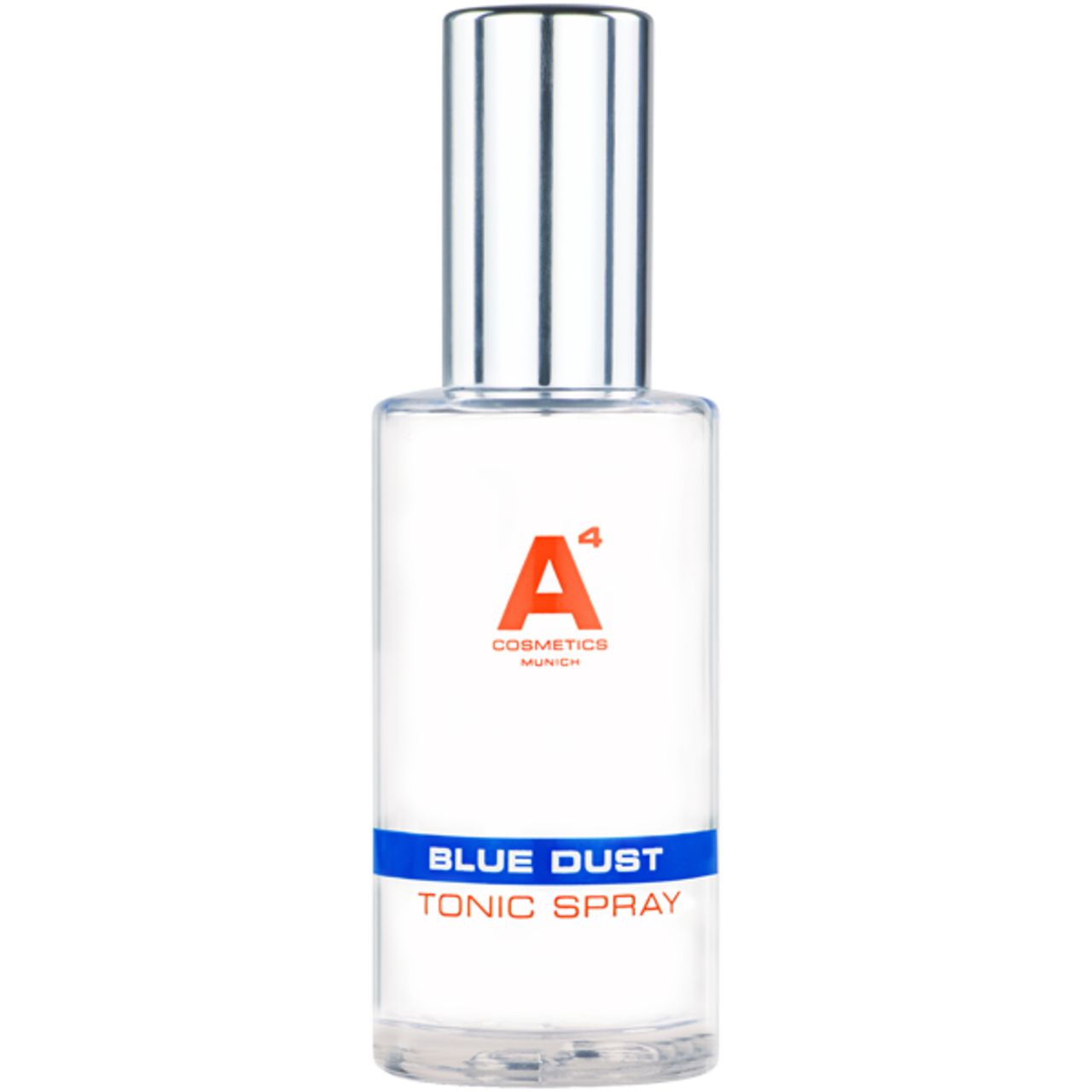Klarer Flakon mit silbernem Deckel. Orangefarbenes Logo und Schriftzug "BLUE DUST TONIC SPRAY".
