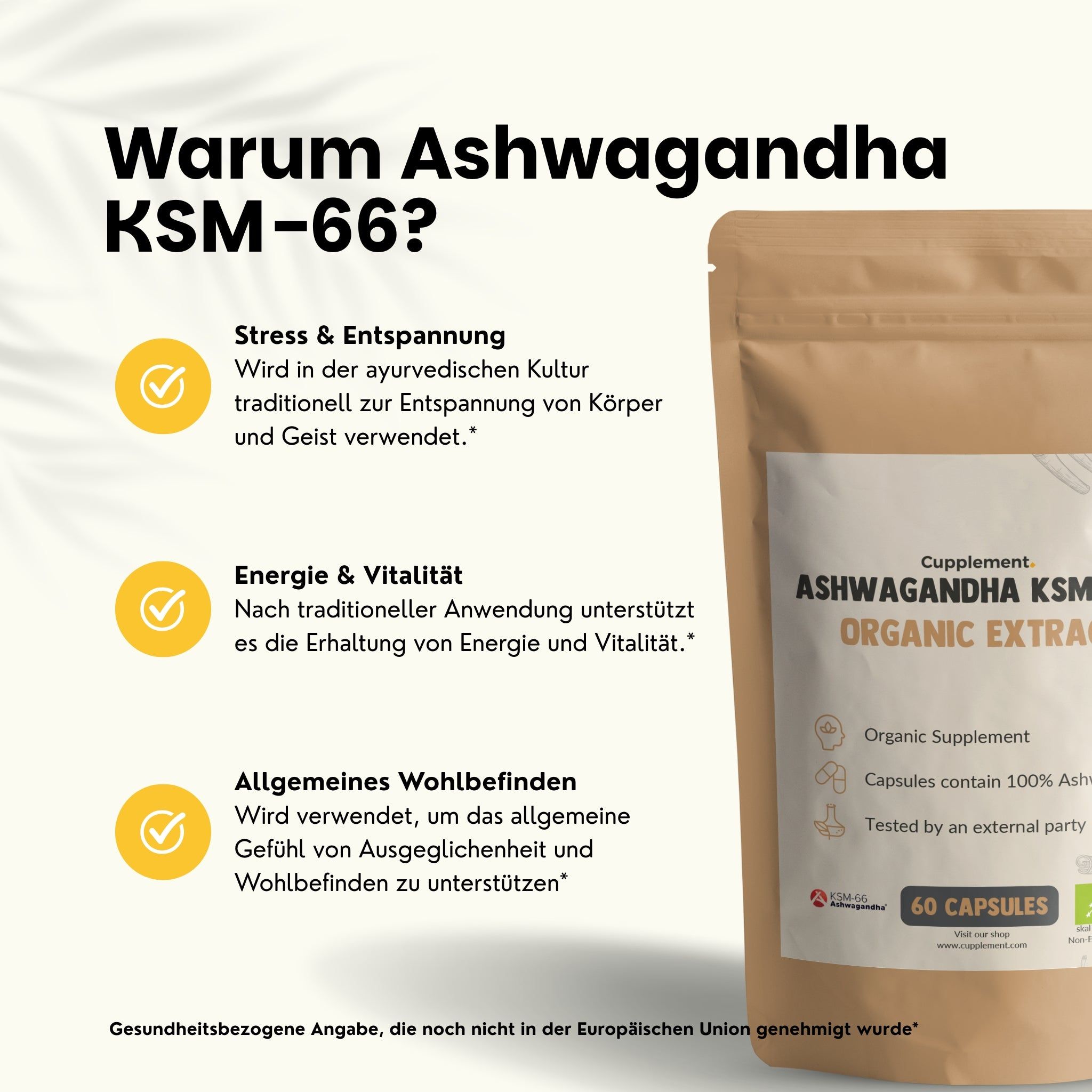 Braune Beutelverpackung mit Aufschrift: Ashwagandha KSM-66 Organic Extract. Enthält 60 Kapseln. Text über Vorteile.