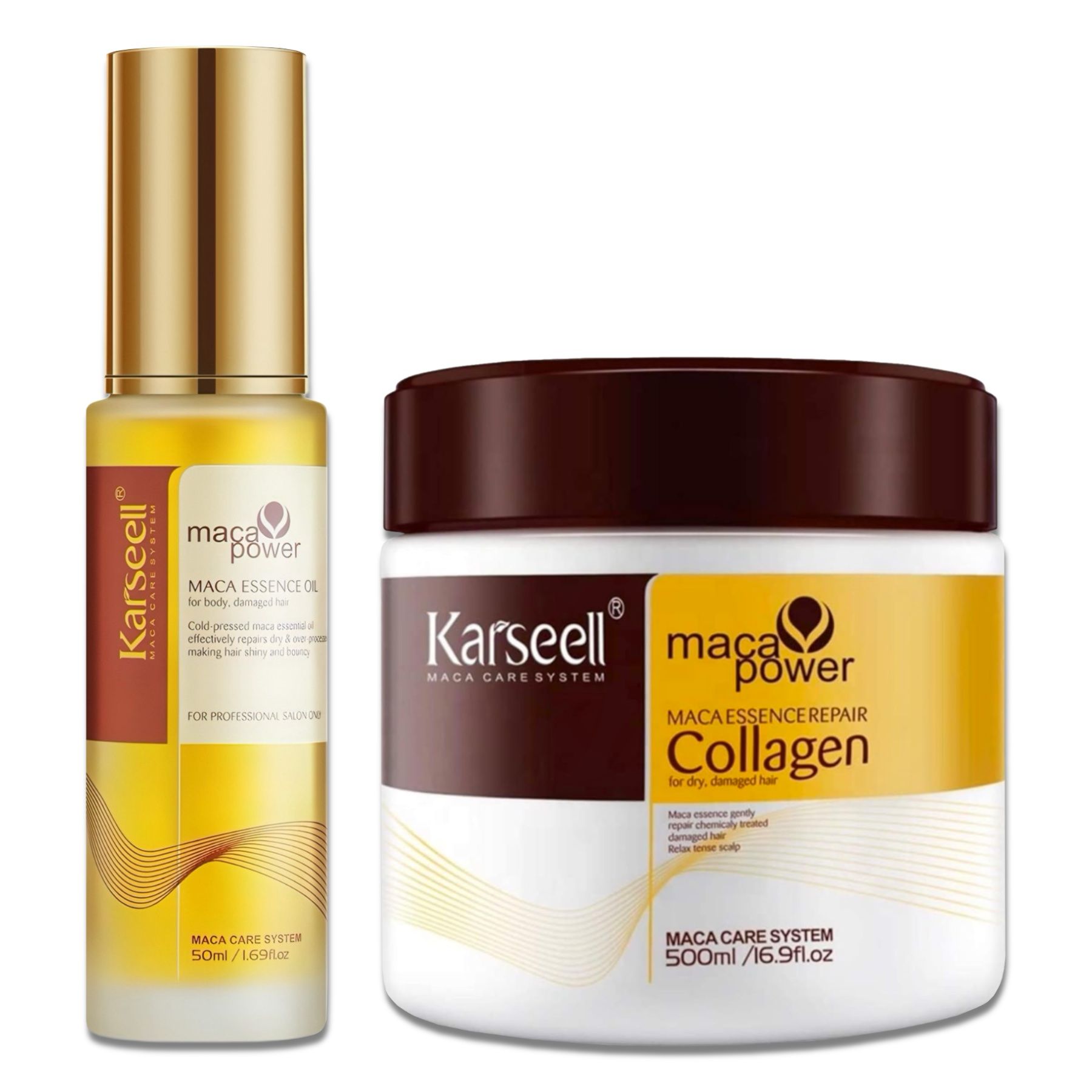 Karseell Maca Essenz Öl und Maca Collagen Haarmaske. Ölflasche und Maskenbehälter. Weißer Hintergrund. Produkt nebeneinander.