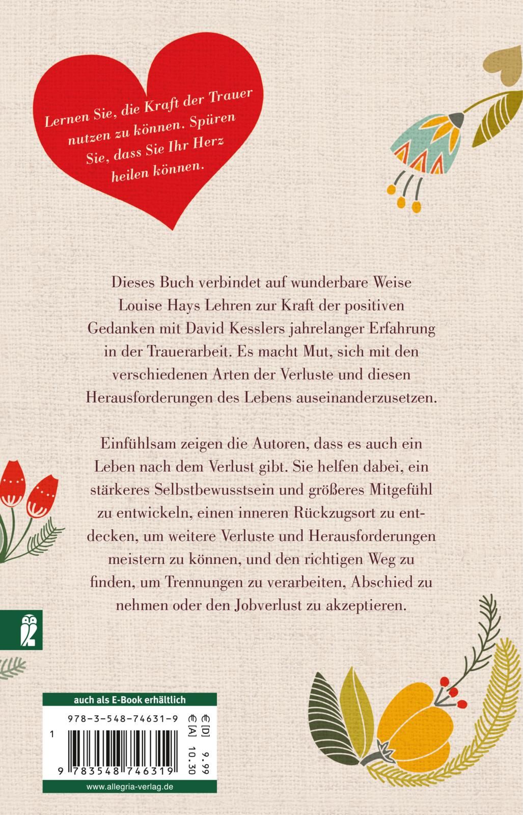 Buchrückseite mit Text und floralen Illustrationen. Titel: Heile dein Herz. Autoren: Louise Hay, David Kessler.