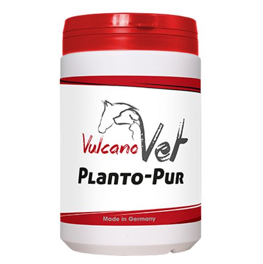 Zylindrische Dose mit rotem Deckel und weißem Korpus. Aufschrift: VulcanoVet Planto-pur. Logo: Pferd und Hund. Hergestellt in Deutschland.